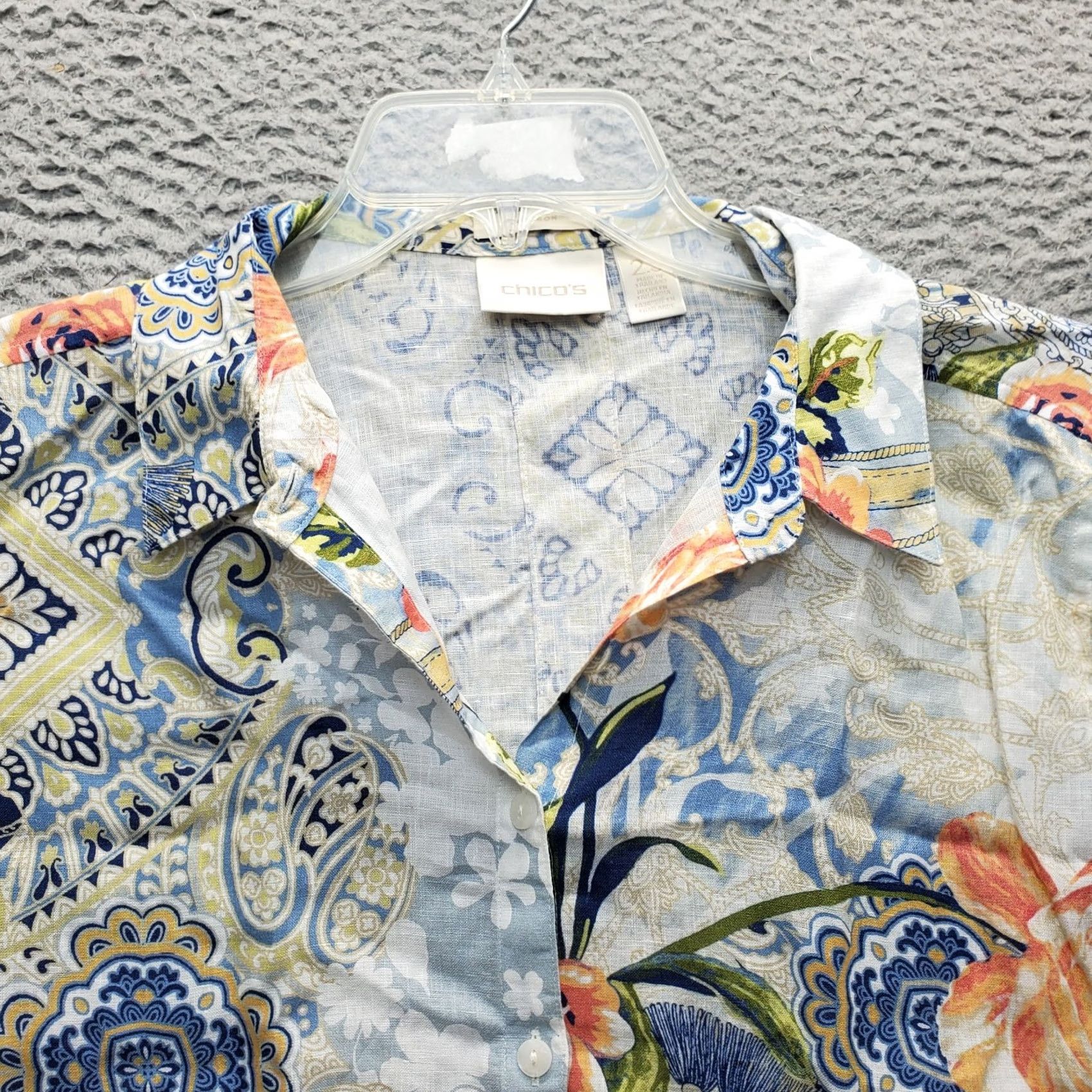 Vintage Chico's Tunic Shirt Womens Large Multi Floral Geometric Linen No Iron Button-Up Size L / US 10 / IT 46 - 5 Thumbnail