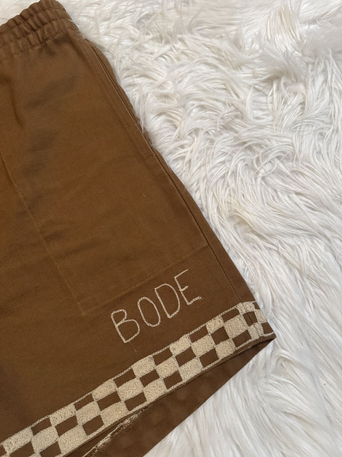 Bode Bode Checkerboard Logo Rugby Shorts Brown Size US 34 / EU 50 - 2 Thumbnail