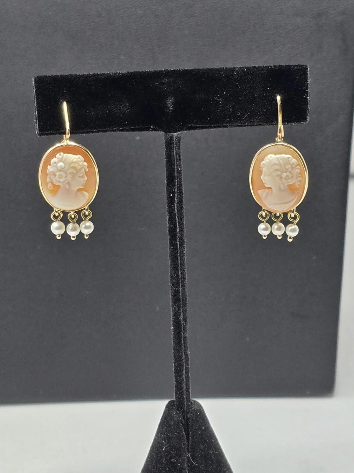 Camel Vintage 14k Gold Shell Cameo Earrings Pearl Dangle Size ONE SIZE - 1 Thumbnail