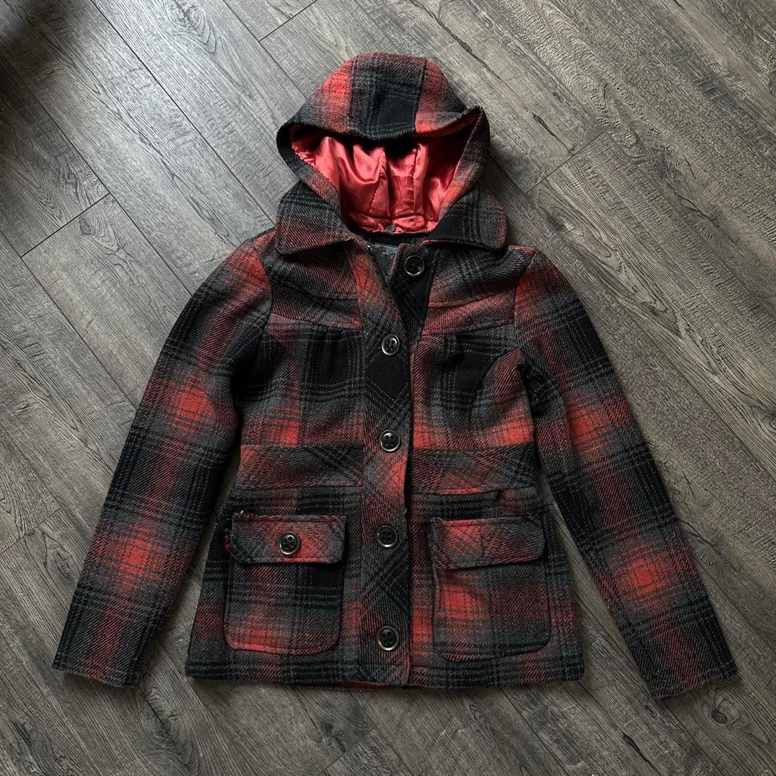 BKE × Vintage Vintage Y2K BKE Red Plaid Hooded Wool Peacoat Blazer Jacket Size M / US 6-8 / IT 42-44 - 1 Thumbnail