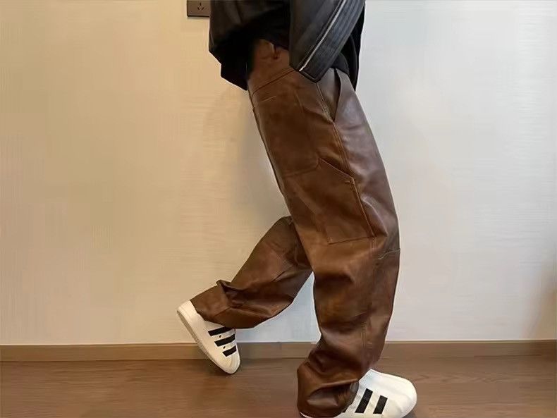 Leather Washed Brown Soft Pu Leather Pant Size US 35 - 6 Thumbnail