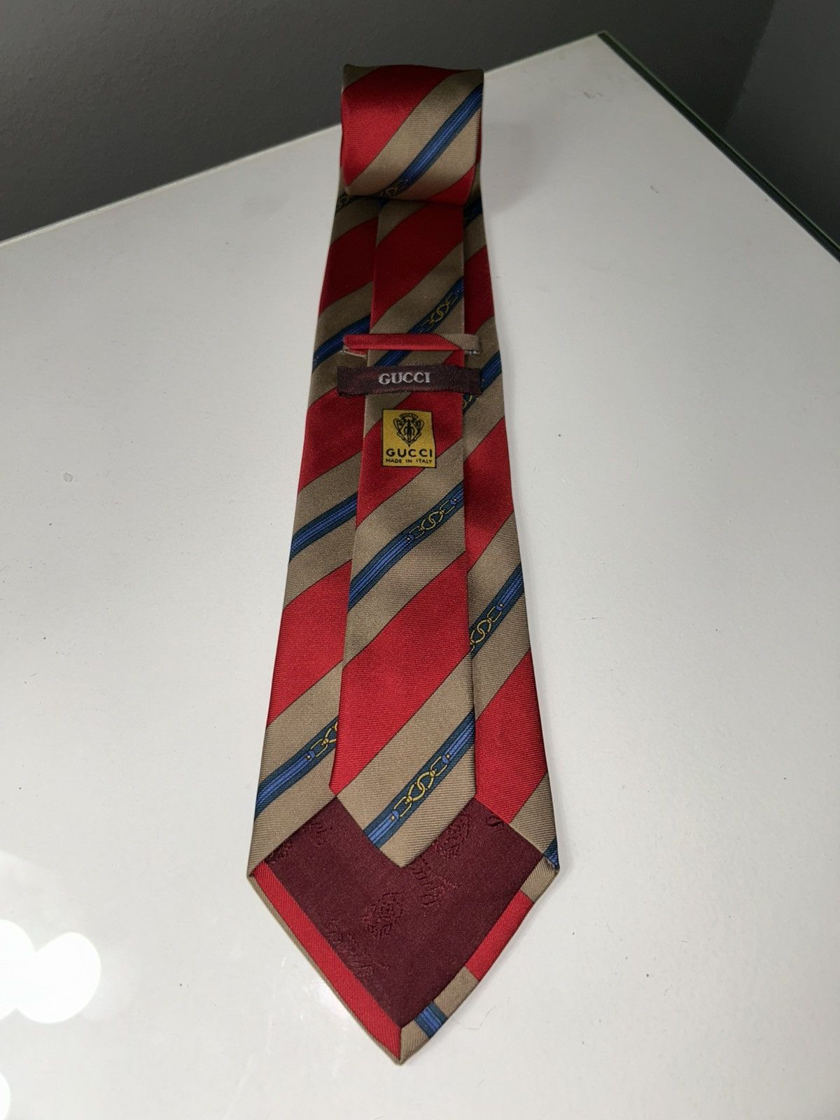 Gucci Vintage Gucci Red Gold & Blue Striped Men’s Silk Tie Size ONE SIZE - 6 Thumbnail