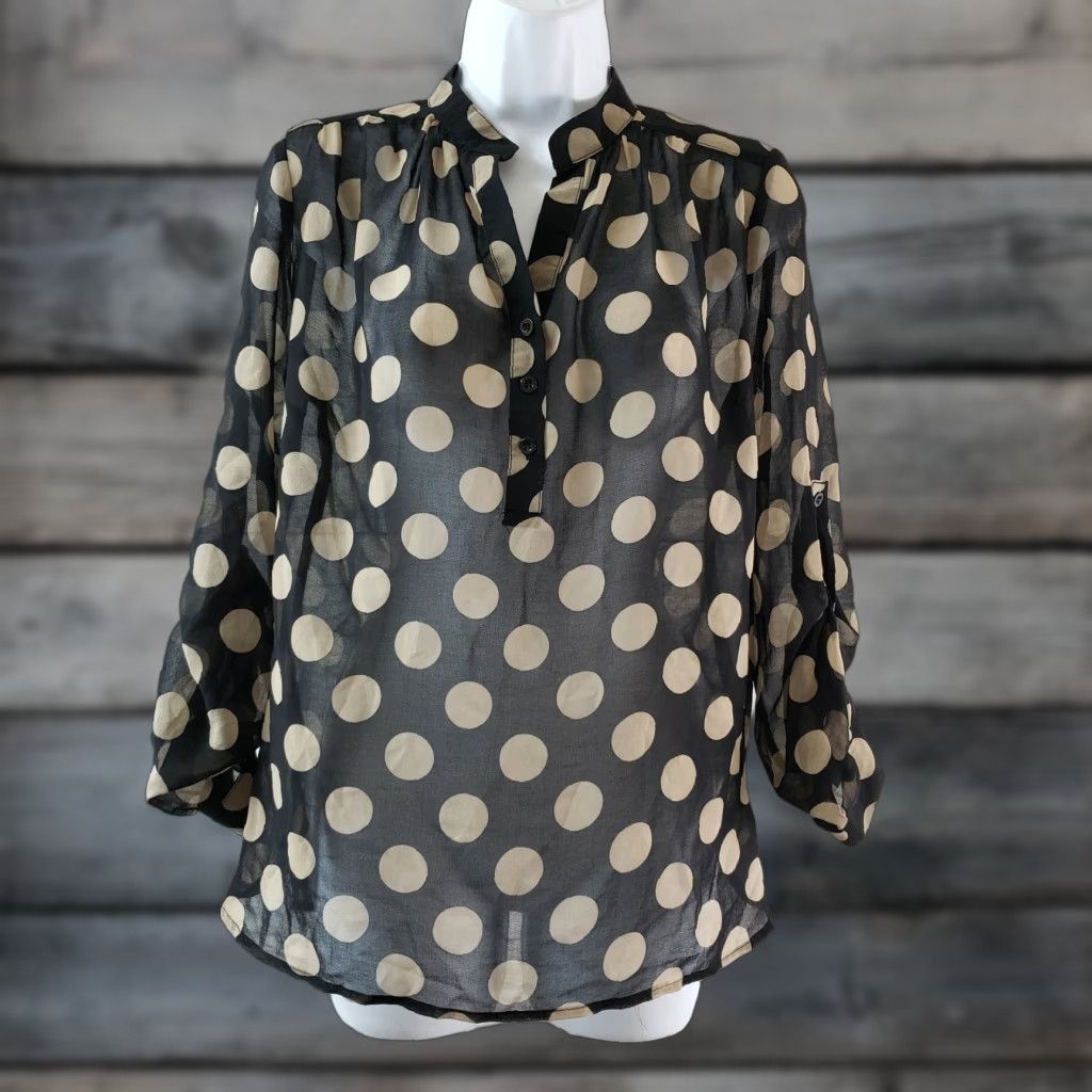 Vintage 41Hawthorn Blouse Polka Dot Sheer Black Tan Womens XS S Regular Long Sleeve Button Tabbed Sleeve Shirt Size S / US 4 / IT 40 - 1 Thumbnail