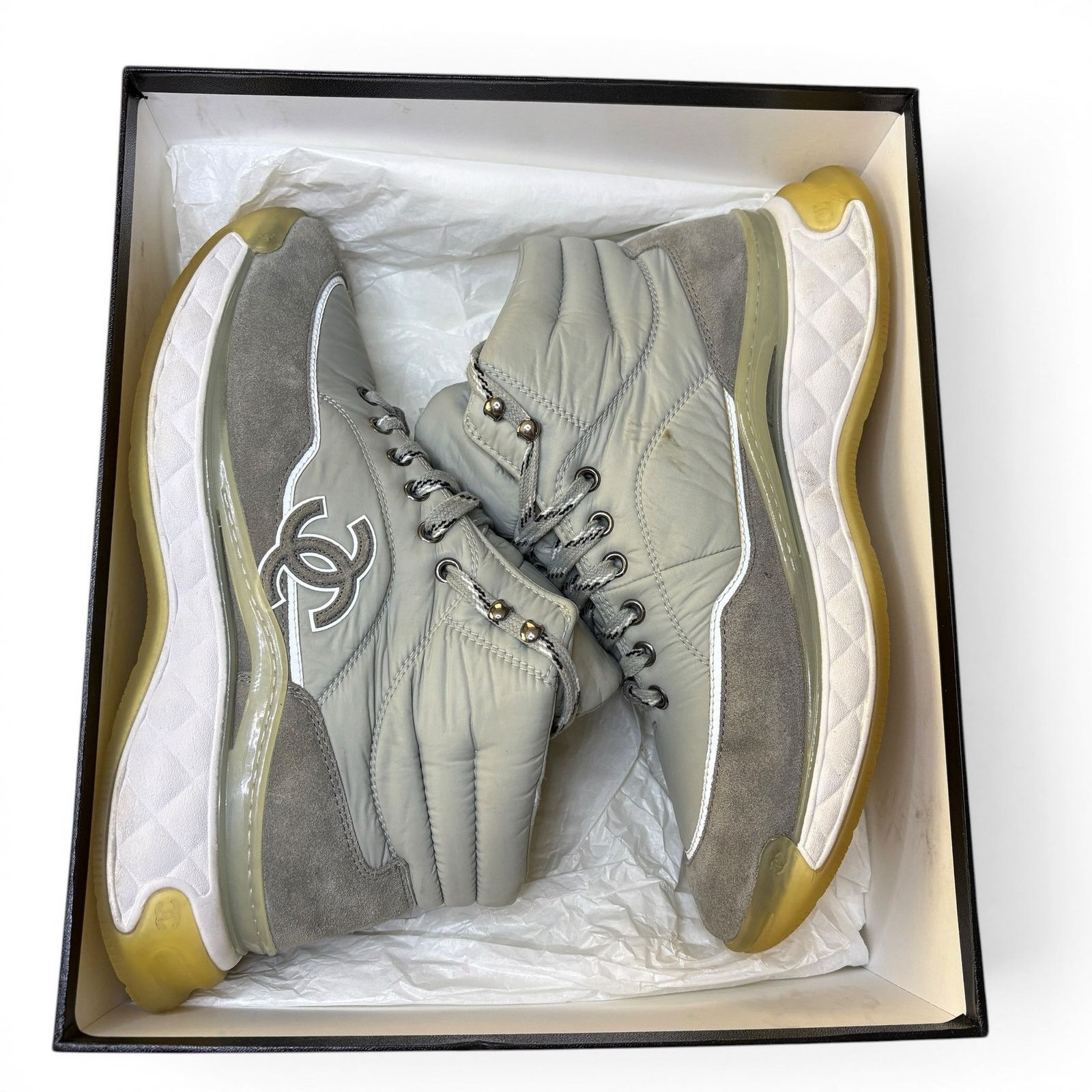 Chanel Chanel Grey White Quilted CC Logo Lace High Top Sneaker | 42 Size US 9 / EU 42 - 1 Thumbnail