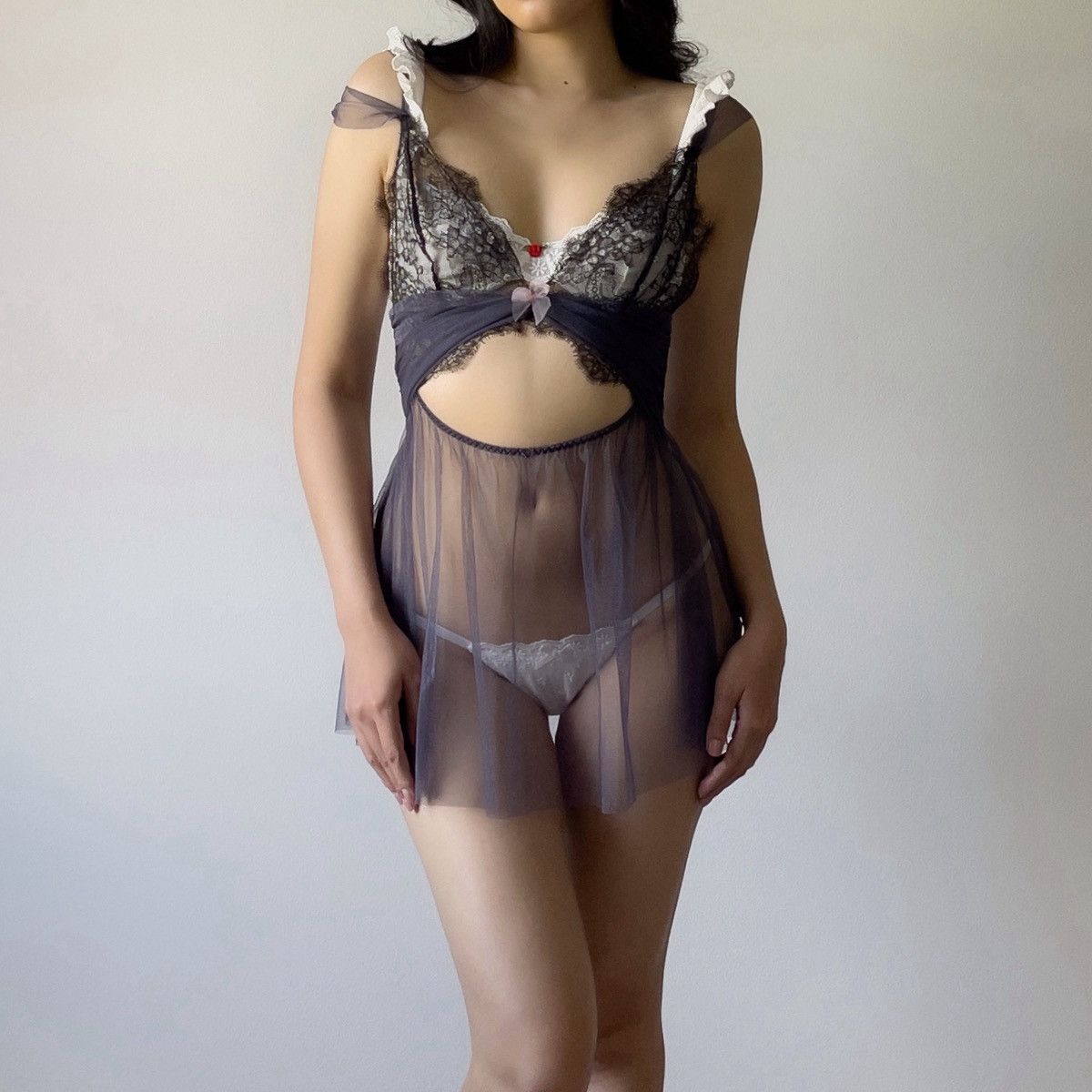Victoria's Secret Dusty Blue Mesh & Black Lace Sheer Mini Slip Dress (S-M) Size M / US 6-8 / IT 42-44 - 1 Thumbnail