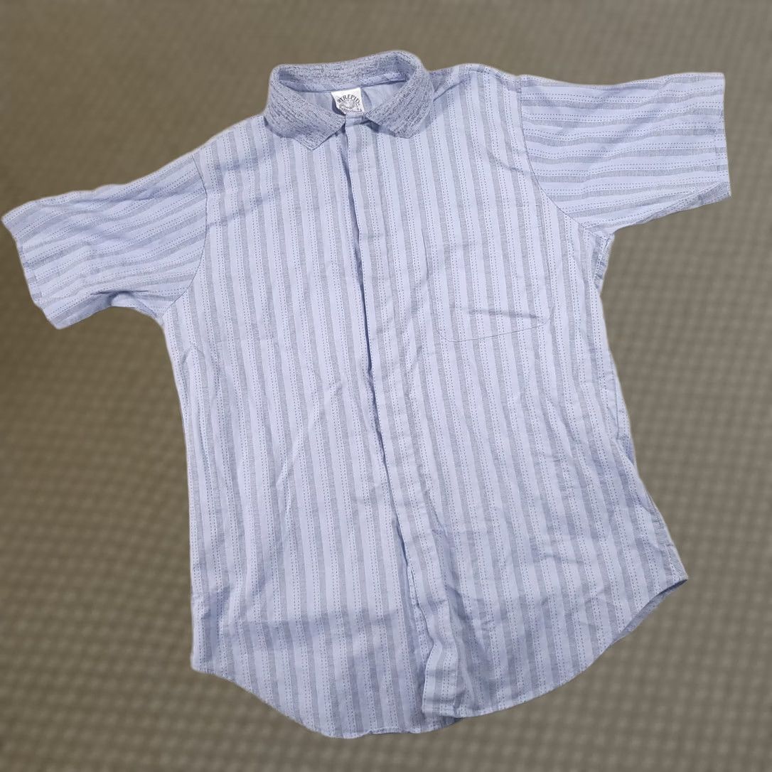Vintage VINTAGE Manhattan Dress Shirt Light Blue Stripe Button Up Shirt Mens M USA Short Sleeve, Cotton, Regular Fit, Collared, Spread Collar, Button Closure Size US M / EU 48-50 / 2 - 1 Thumbnail