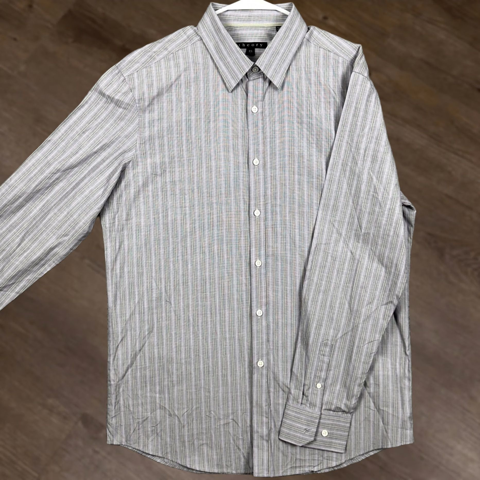 Theory Theory Shirt Dress Mens Large 16.5 34-35 Gray Purple Striped Button Up Cotton Size 46R - 1 Thumbnail
