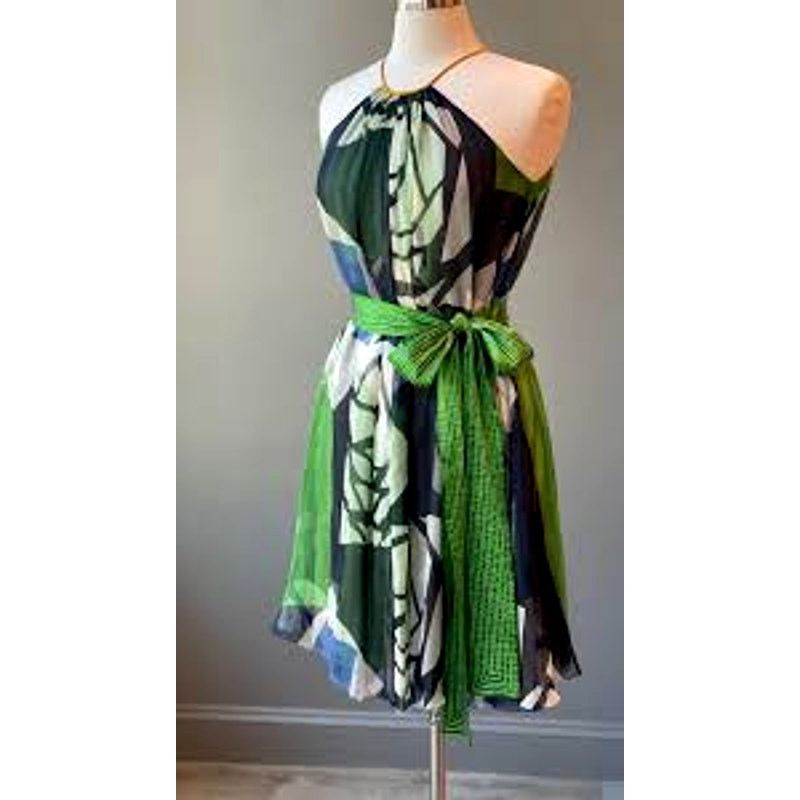 Other Catherine Malandrino Blue Green Cream Silk Tie Dress 6 Size M / US 6-8 / IT 42-44 - 1 Thumbnail