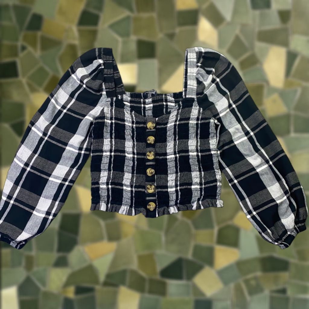 American Eagle Outfitters American Eagle Womens Shirt Small Black Plaid Cropped Balloon Sleeve Viscose Size S / US 4 / IT 40 - 1 Thumbnail