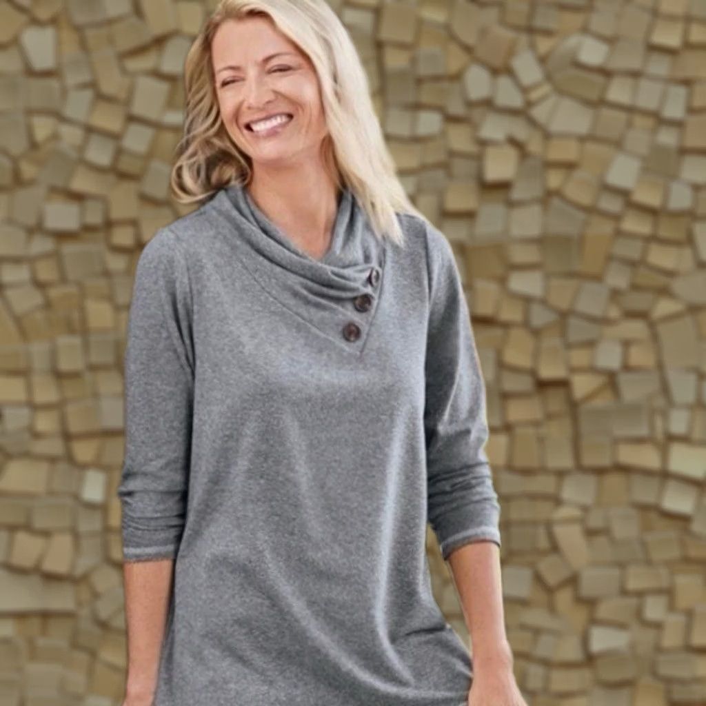 Soft Surroundings Soft Surroundings Blouse Tunic Long Sleeve Cowl Neck Button Lightweight Polyester Blend Seaport Heather Blue PS Petite Women Size S / US 4 / IT 40 - 1 Thumbnail