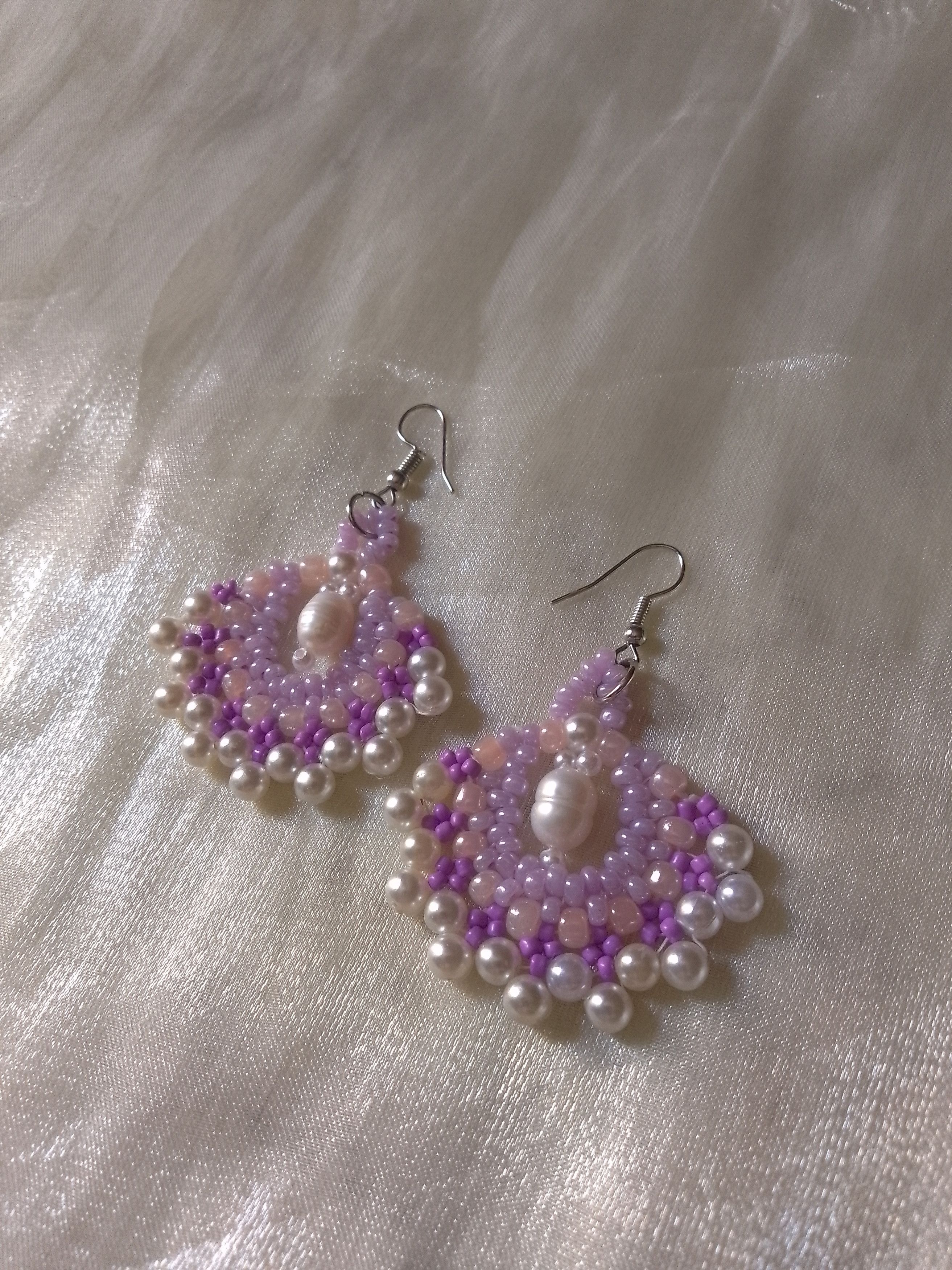 Handmade Earrings Freshwater pearls boho Gypsy style fan shape Size ONE SIZE - 1 Thumbnail