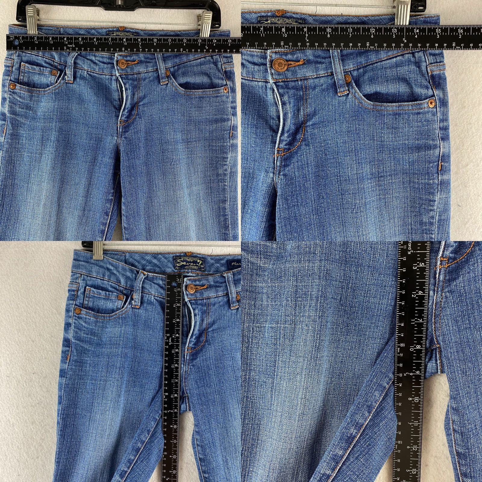 Vintage Seven7 Jeans Womens Flared Jeans 27 Blue Low-Rise Distressed Embroidered Denim Pants Size 27" / US 4 / IT 40 - 8 Thumbnail