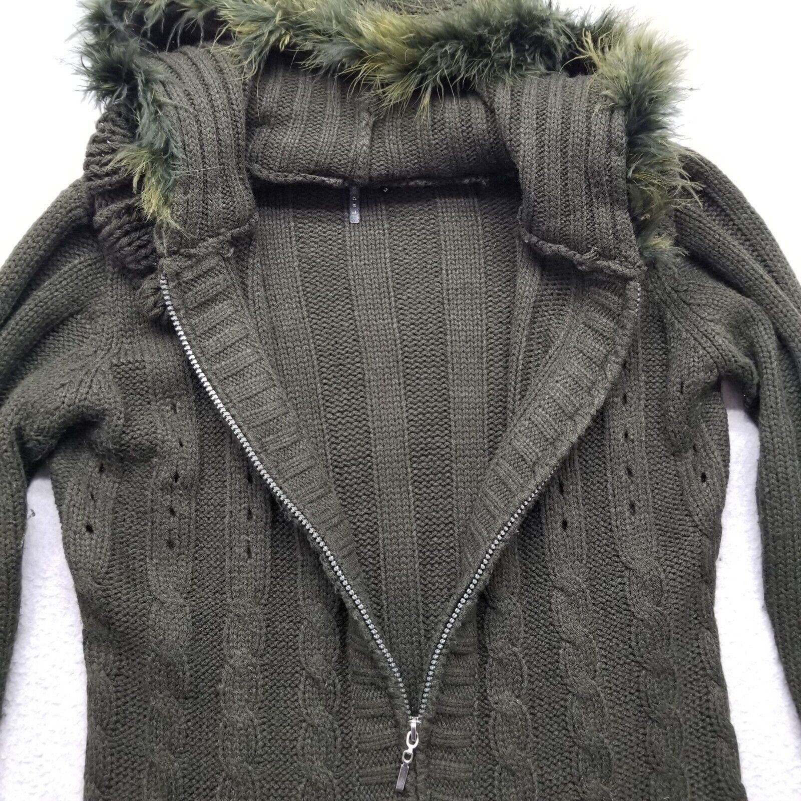 Other Lapis Jacket Womens Medium Green Sweater Full Zip Hooded Fur Size M / US 6-8 / IT 42-44 - 4 Thumbnail