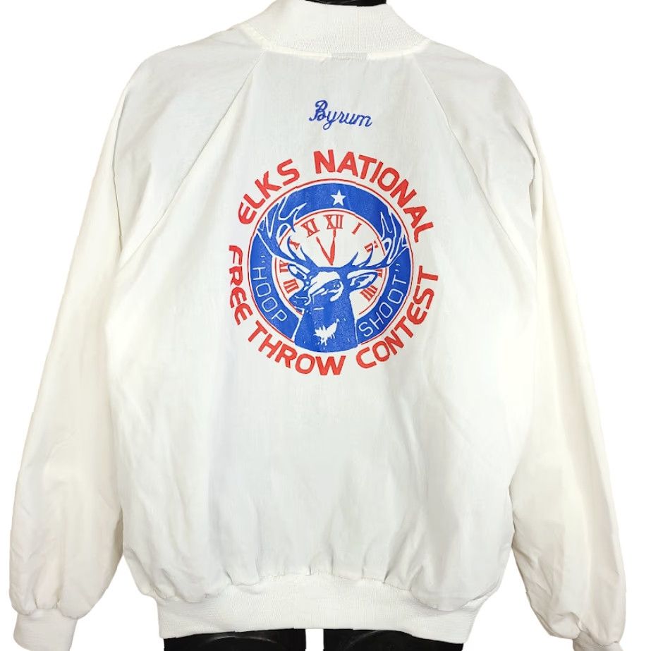 Vintage VINTAGE Elks National Hoop Shoot Bomber Jacket Mens XL 80s Made In USA Nemesis White Cotton Snap Front Sports Basketball Mens Size US XL / EU 56 / 4 - 2 Thumbnail