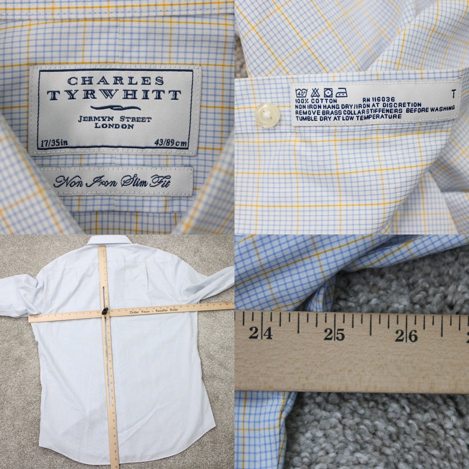 Charles Tyrwhitt Charles Tyrwhitt Shirt Mens 17 35 Blue/Yellow Non Iron Slim Fit 100% Cotton L/S Shirt Size US XL / EU 56 / 4 - 8 Thumbnail