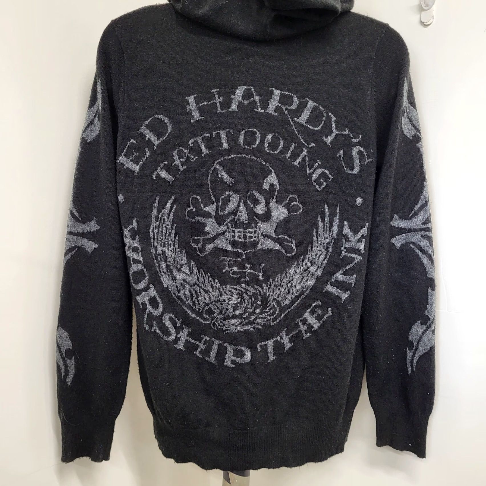 Ed Hardy Ed Hardy x Christian Audigier Men L Hoodie ZipUp Full Zip Graphic Print Skull Logo Black Knit 50% Cotton Blend Lambswool Alpaca Size US L / EU 52-54 / 3 - 2 Thumbnail