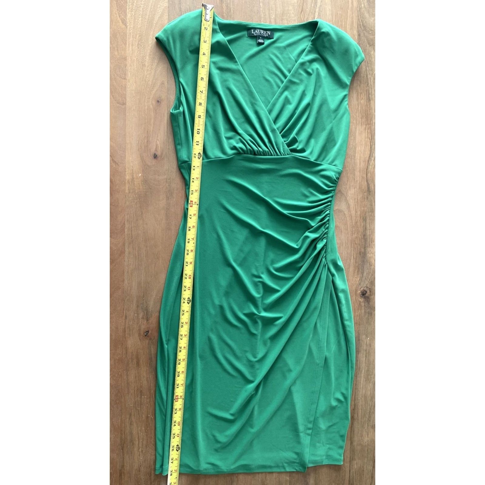 Ralph Lauren Lauren Ralph Lauren Dress Sleeveless V-Neck Midi Wrap Ruched Solid Green Women's 4 Regular Stretch Polyester Spandex Jersey Size S / US 4 / IT 40 - 6 Thumbnail