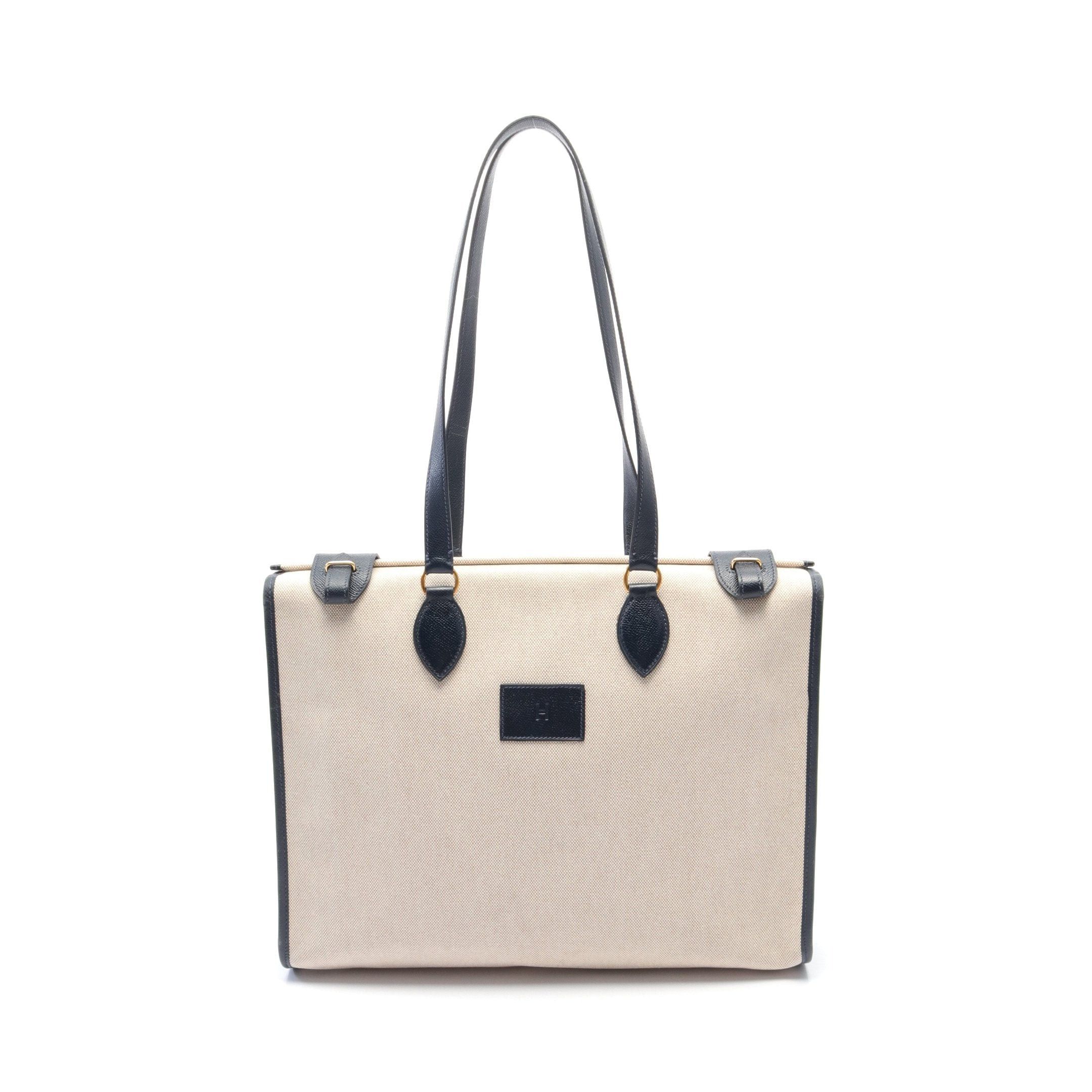 image of Hermes Hippopotamus 40 Shoulder Bag Tote Bag Toile Ash Courchevel Beige Navy Gold Hardware ○S Stamp