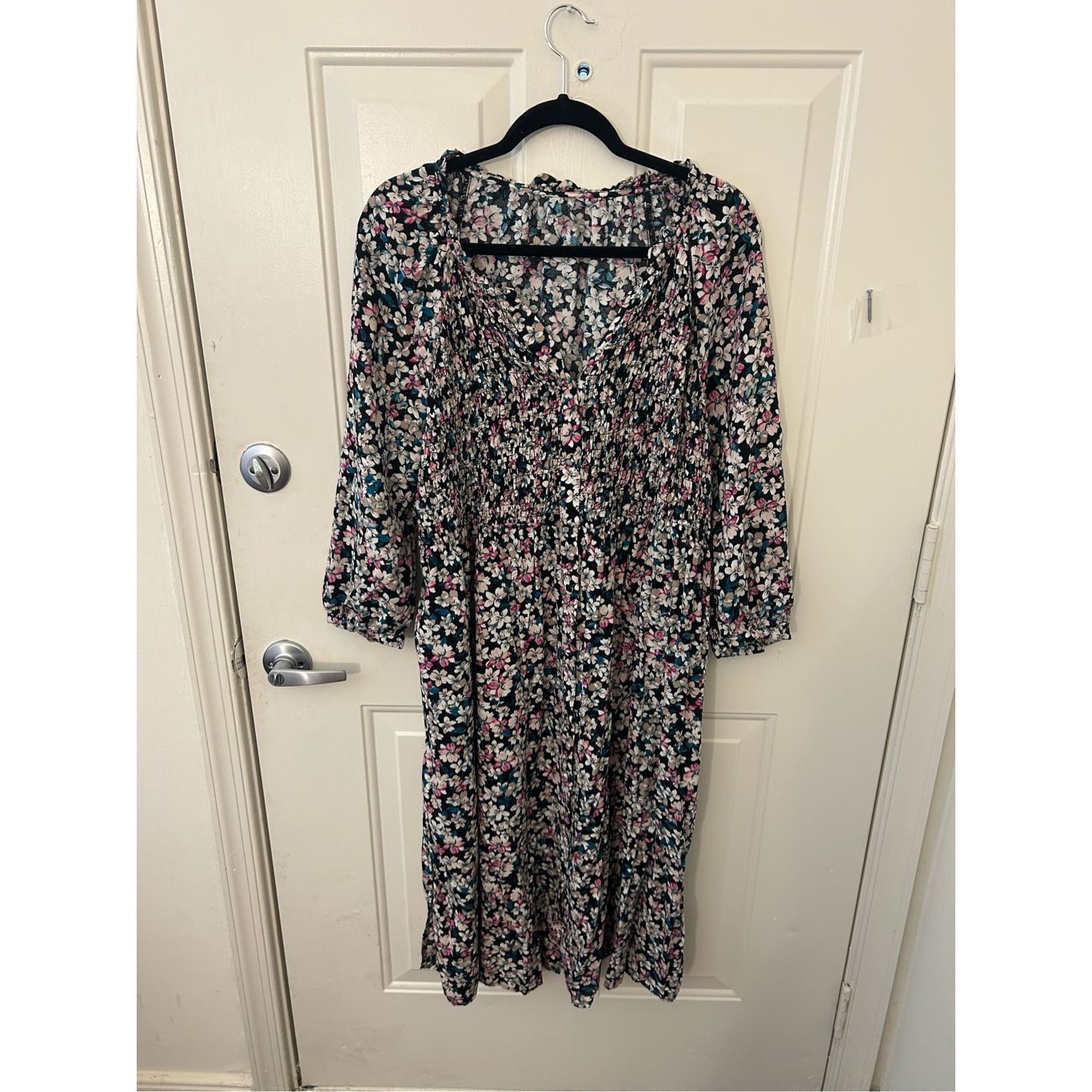 SPY Optic Terra & Sky Dress Multicolor Floral Smocked Midi Side Slits, Size XL / US 12-14 / IT 48-50 - 10 Thumbnail