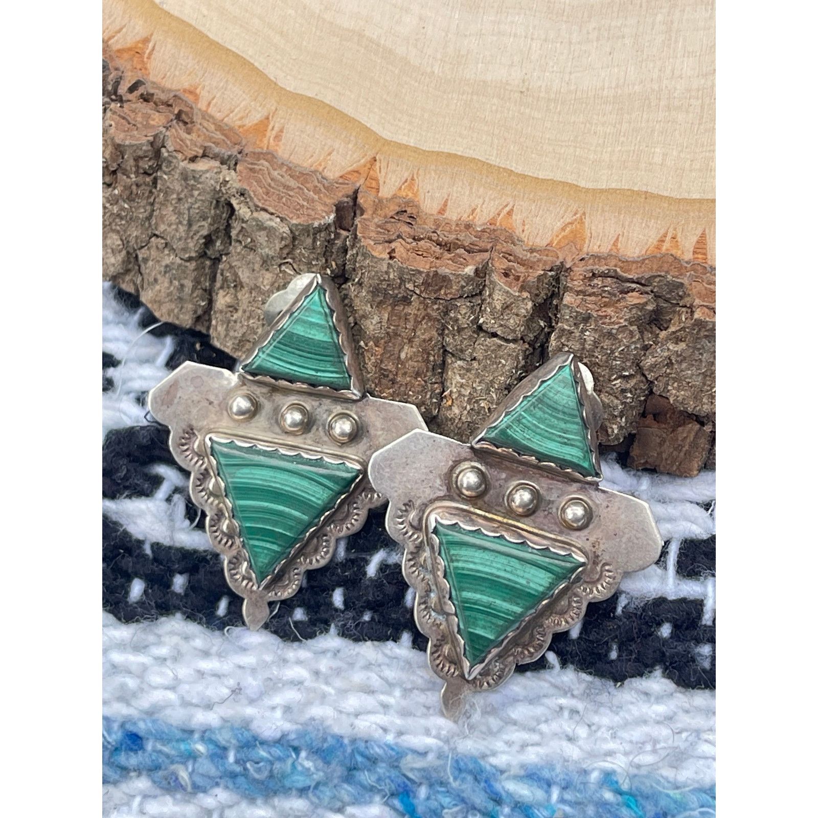 Vintage Navajo Sterling Silver Malachite Earrings - Native American Size ONE SIZE - 4 Thumbnail