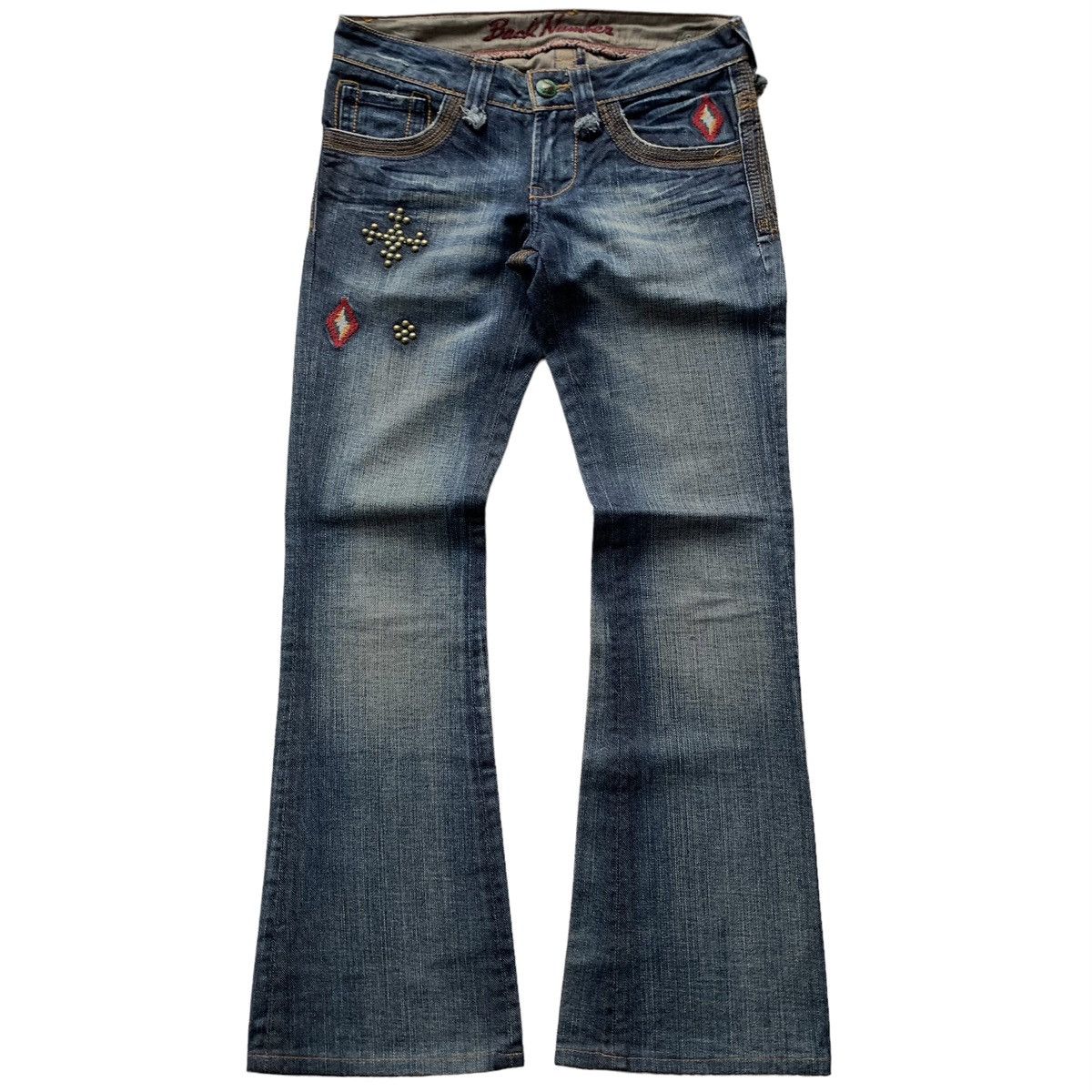 image of Le Grande Bleu L G B x Vintage Japanese Back Number Studded Denim Low Rise Flared Jeans (Size 29)