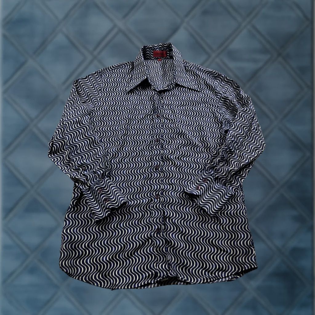 Hugo Boss HUGO BOSS Shirt Medium Blue Waves Button Up Retro 70s Groovy Point Collar Mens Regular XS? Size US M / EU 48-50 / 2 - 1 Thumbnail