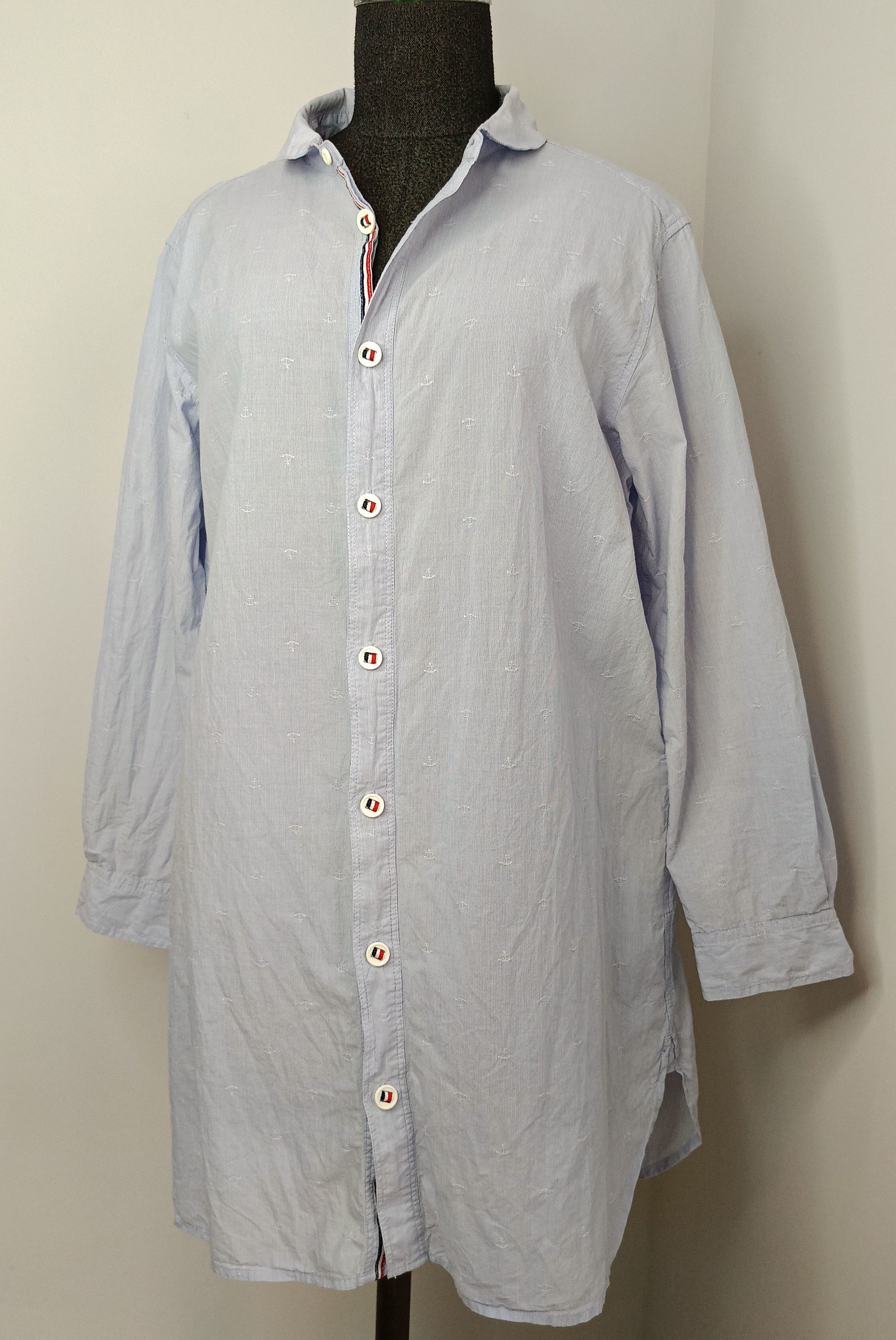 image of Niko And By Issey Miyake 4 Anchor Shawl Collar Blue Shirt, Men's (Size Medium)