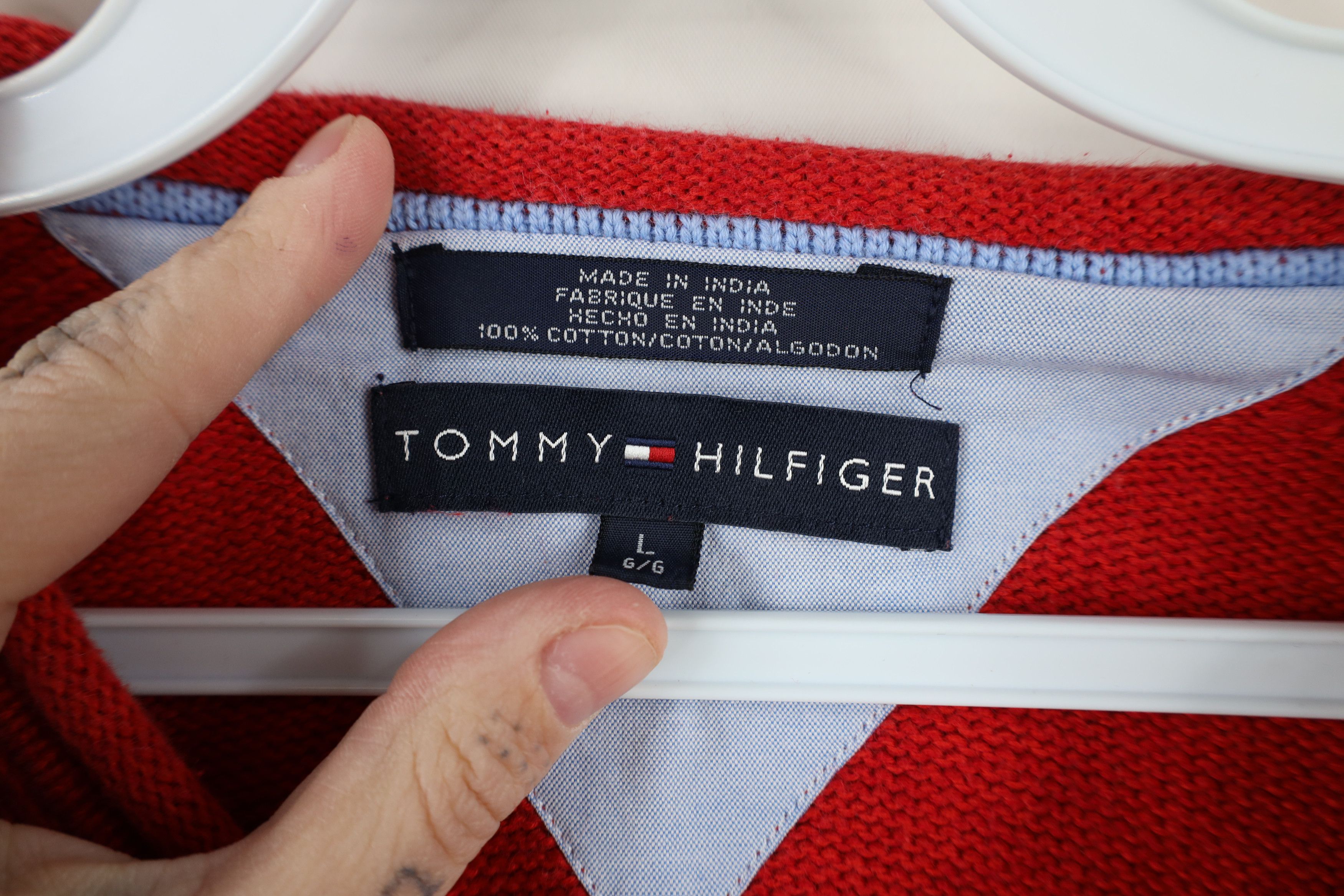 Tommy Hilfiger × Vintage Vintage 90s Tommy Hilfiger Cotton Marled Knit Sweater Red Size US L / EU 52-54 / 3 - 5 Thumbnail