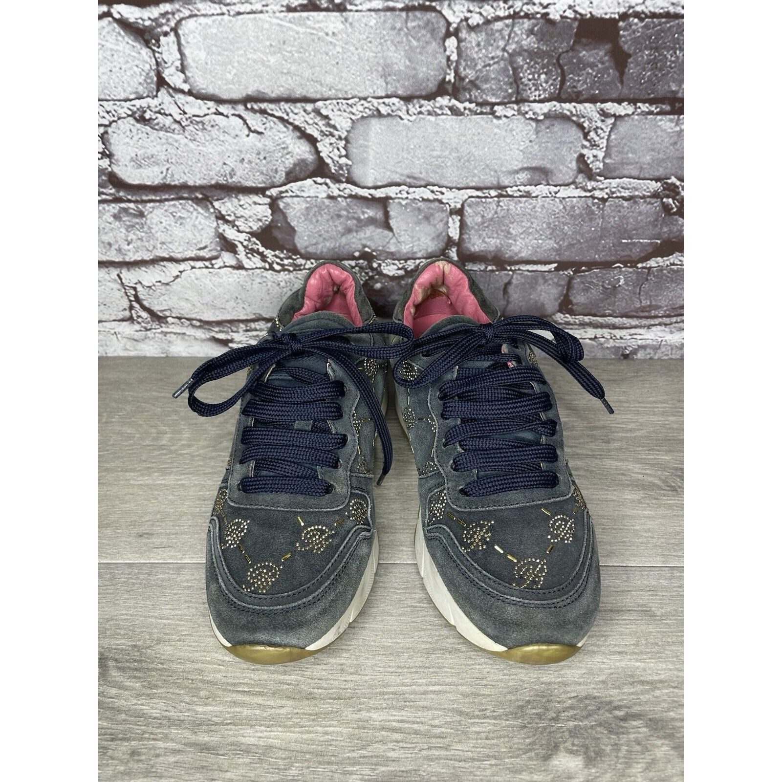 Blumarine Blumarine Blue Suede Gold Embellished Lace Up Sneakers Women Size US 6 / IT 36 - 1 Thumbnail