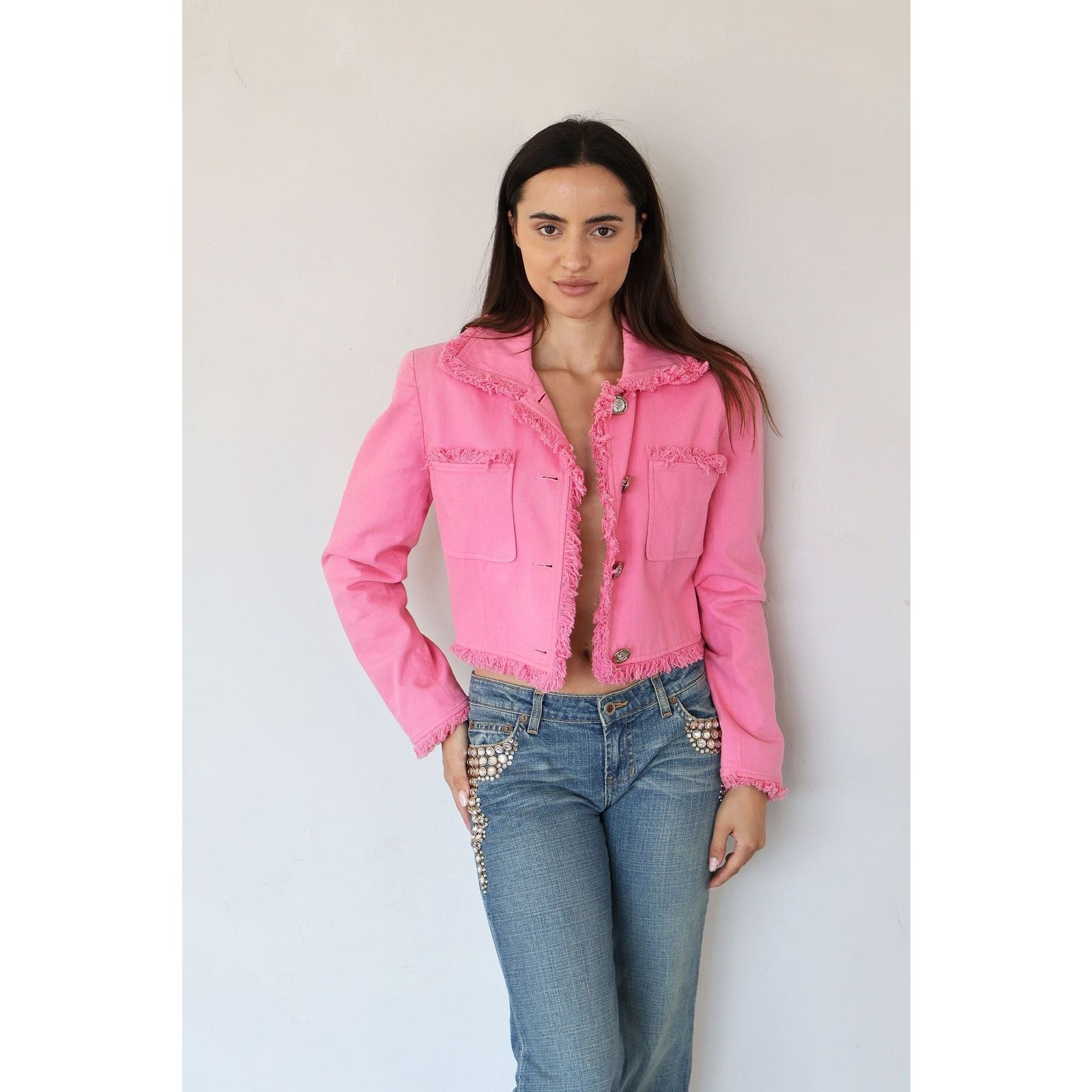 Emanuel Ungaro Vintage EMANUEL UNGARO Hot Pink Denim Jacket Frayed Trim Size M / US 6-8 / IT 42-44 - 1 Thumbnail