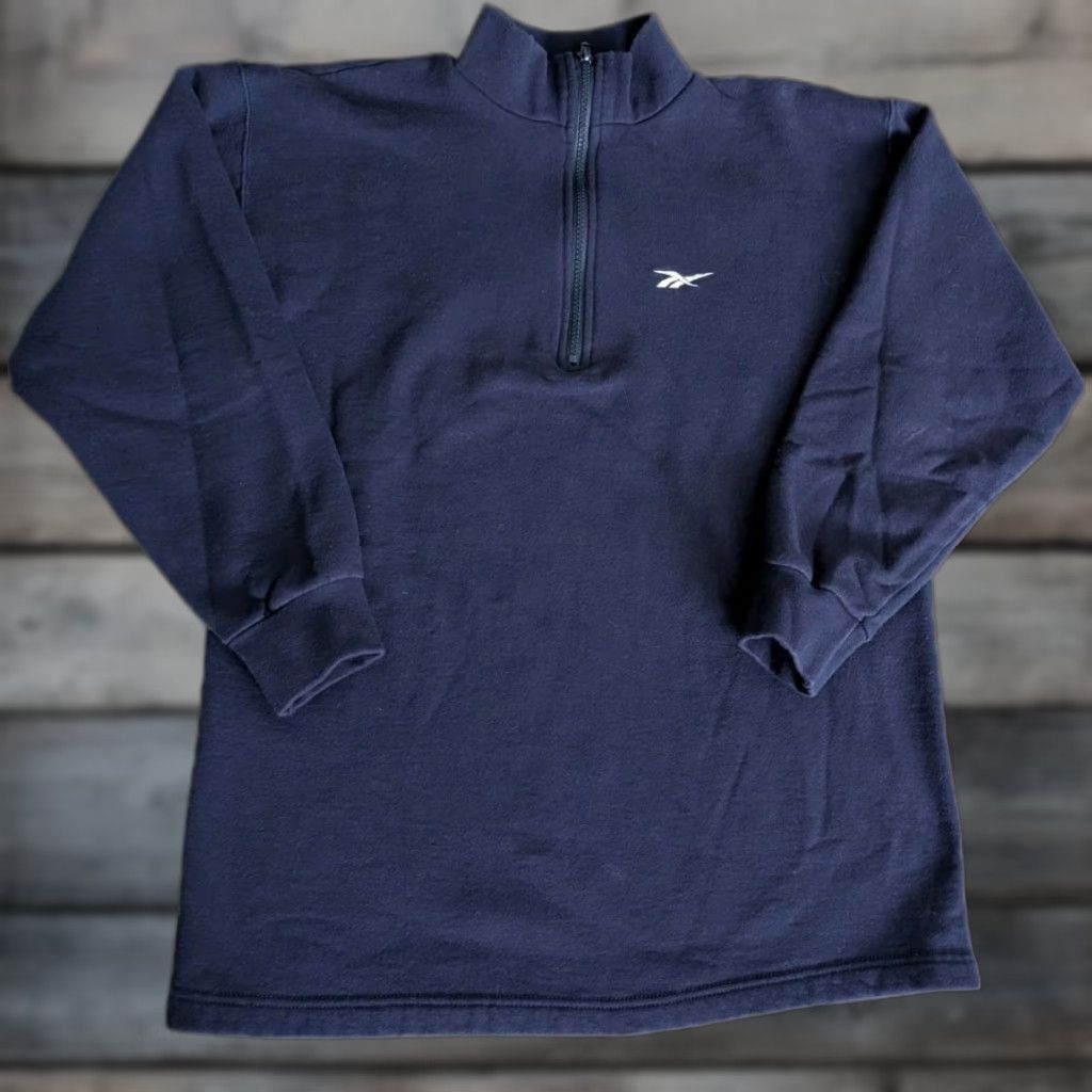 Reebok VINTAGE Reebok Navy Quarter Zip Pullover Sweatshirt Womens Small USA Made 90s Fleece Cotton Polyester Blue Embroidered Logo Zipper Size S / US 4 / IT 40 - 1 Thumbnail