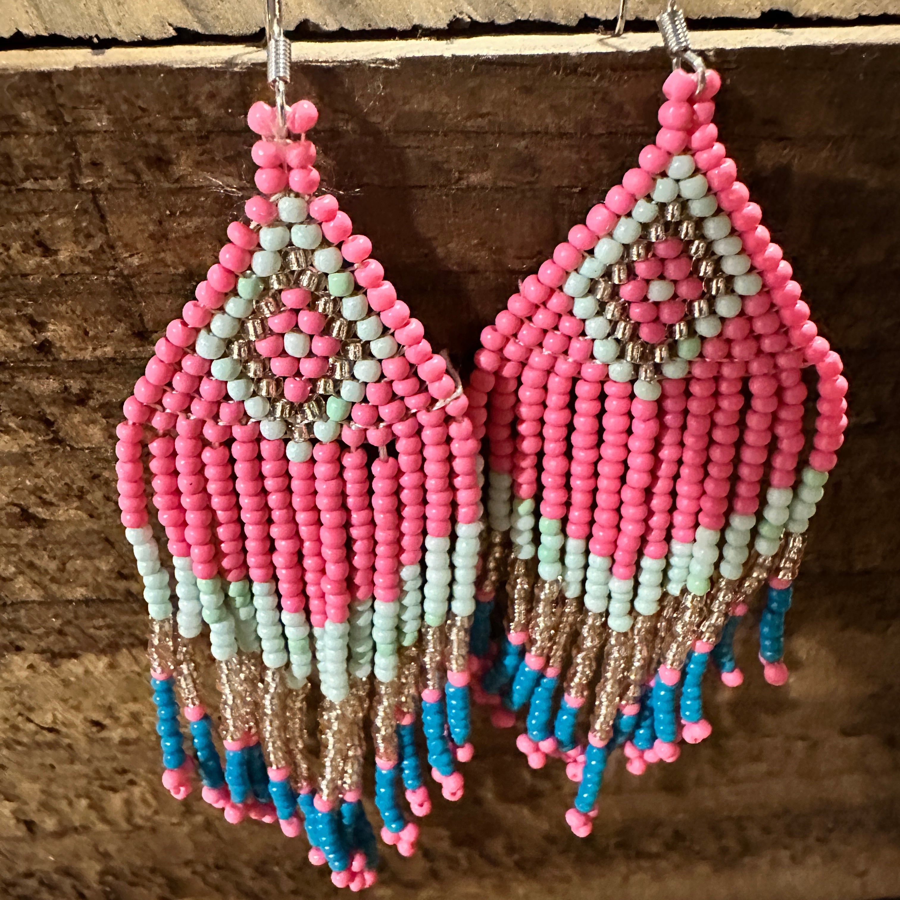 Other Navajo-Inspired Boho Seed Bead Dangle Earrings in Pink and B Size ONE SIZE - 4 Thumbnail