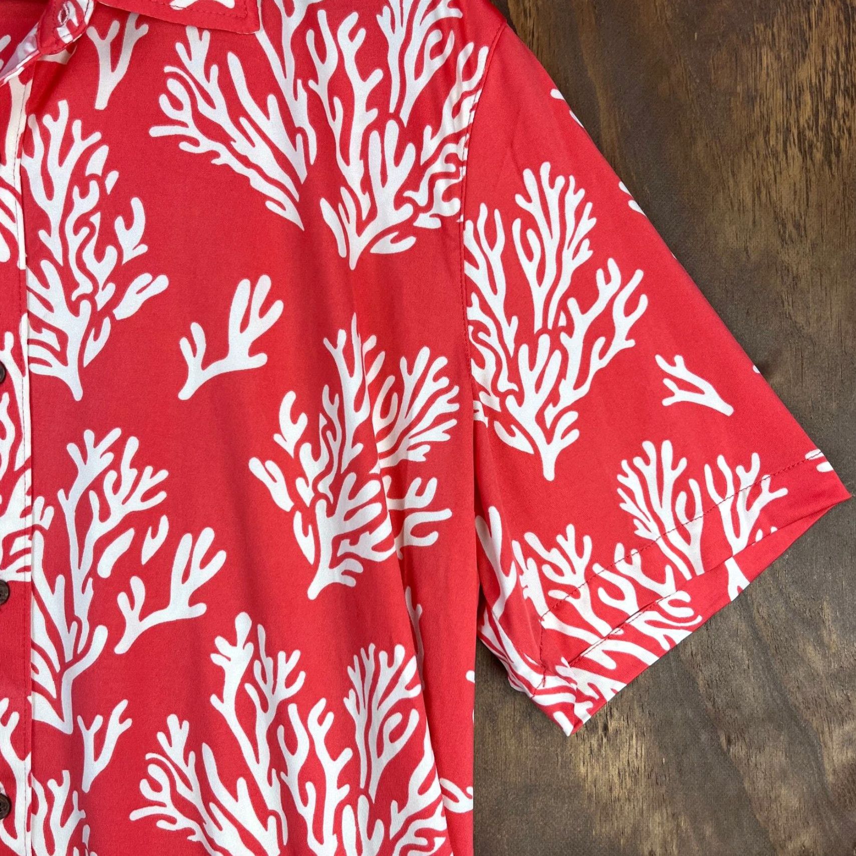 Vintage Margaritaville Button-Down Shirt Mens Short Sleeve UPF 50+ Large Pink Coral Reef Pattern Beach Vacation 44" Chest Breathable Quick Dry Size US L / EU 52-54 / 3 - 5 Thumbnail