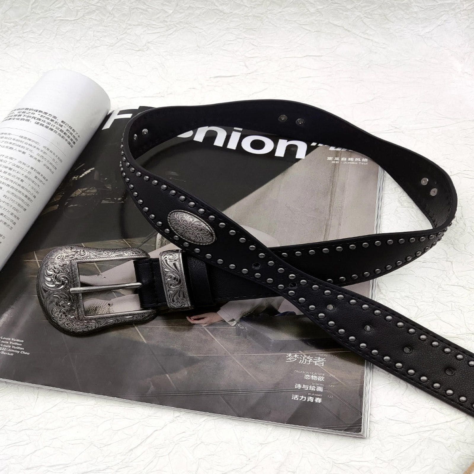 Leather Black Western Belt with Engraved Buckle Size ONE SIZE - 4 Thumbnail