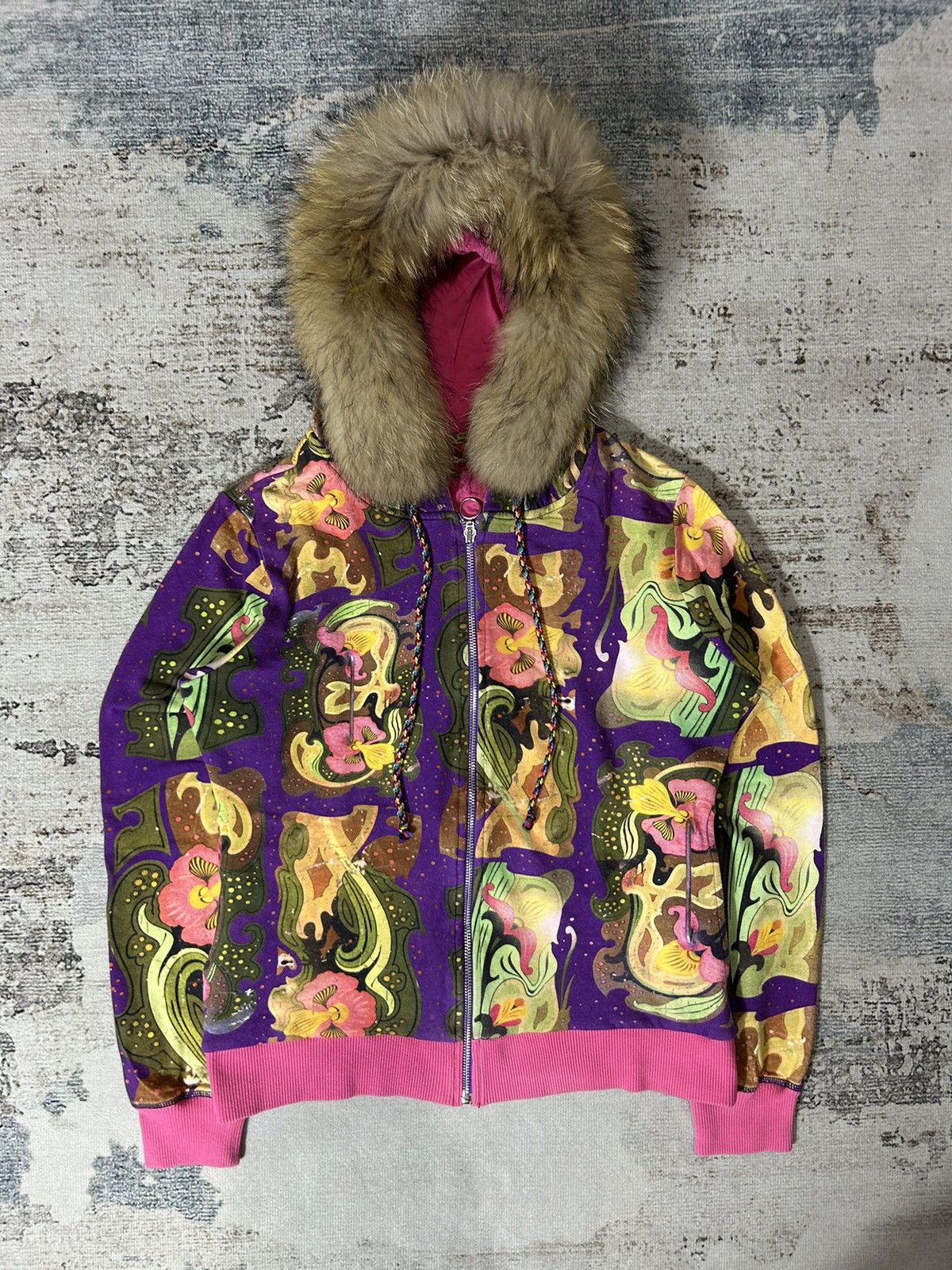 Oilily Faux Fur Hoodie Full Print Style Issey Miyake