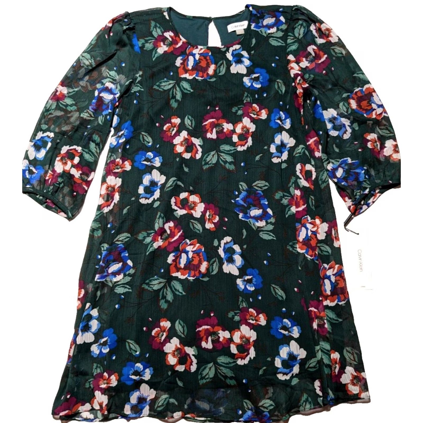 Calvin Klein VINTAGE CALVIN KLEIN Green Floral Balloon 3/4 Sleeve Chiffon Shift Dress Women 8 NEW Size M / US 6-8 / IT 42-44 - 2 Thumbnail