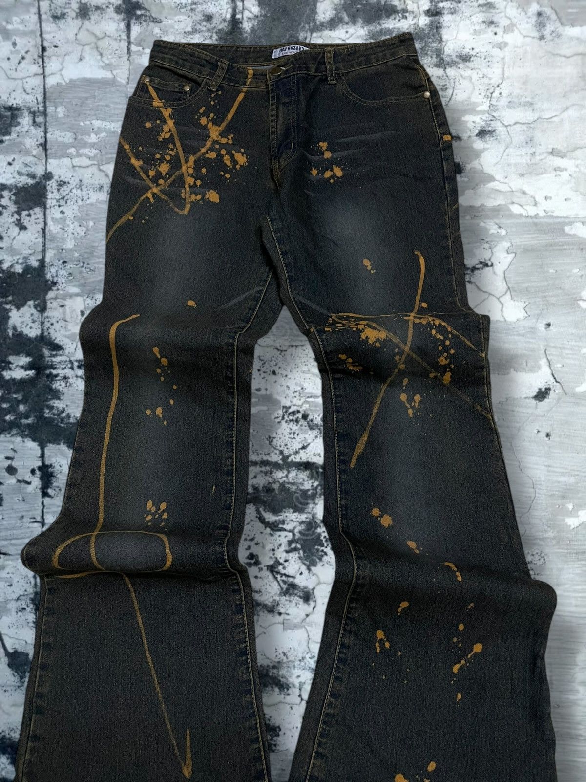 VTG Japan Designer Haphazard Flared Art Splash Bleach Denim