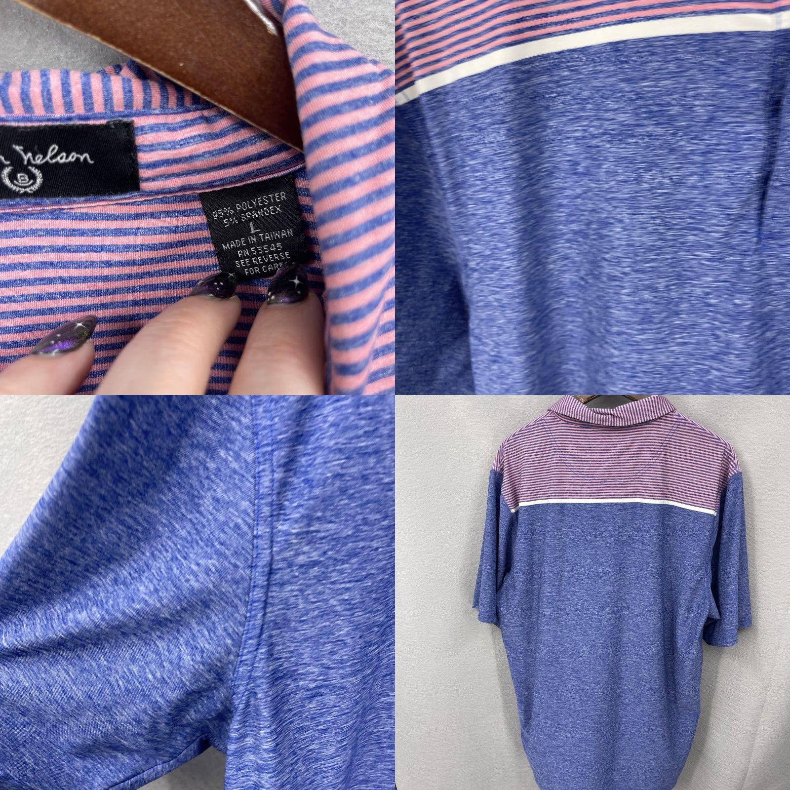 Vintage Byron Nelson Polo Shirt Mens Large Blue Pink Striped Golf Performance Preppy Dad Size US L / EU 52-54 / 3 - 8 Thumbnail