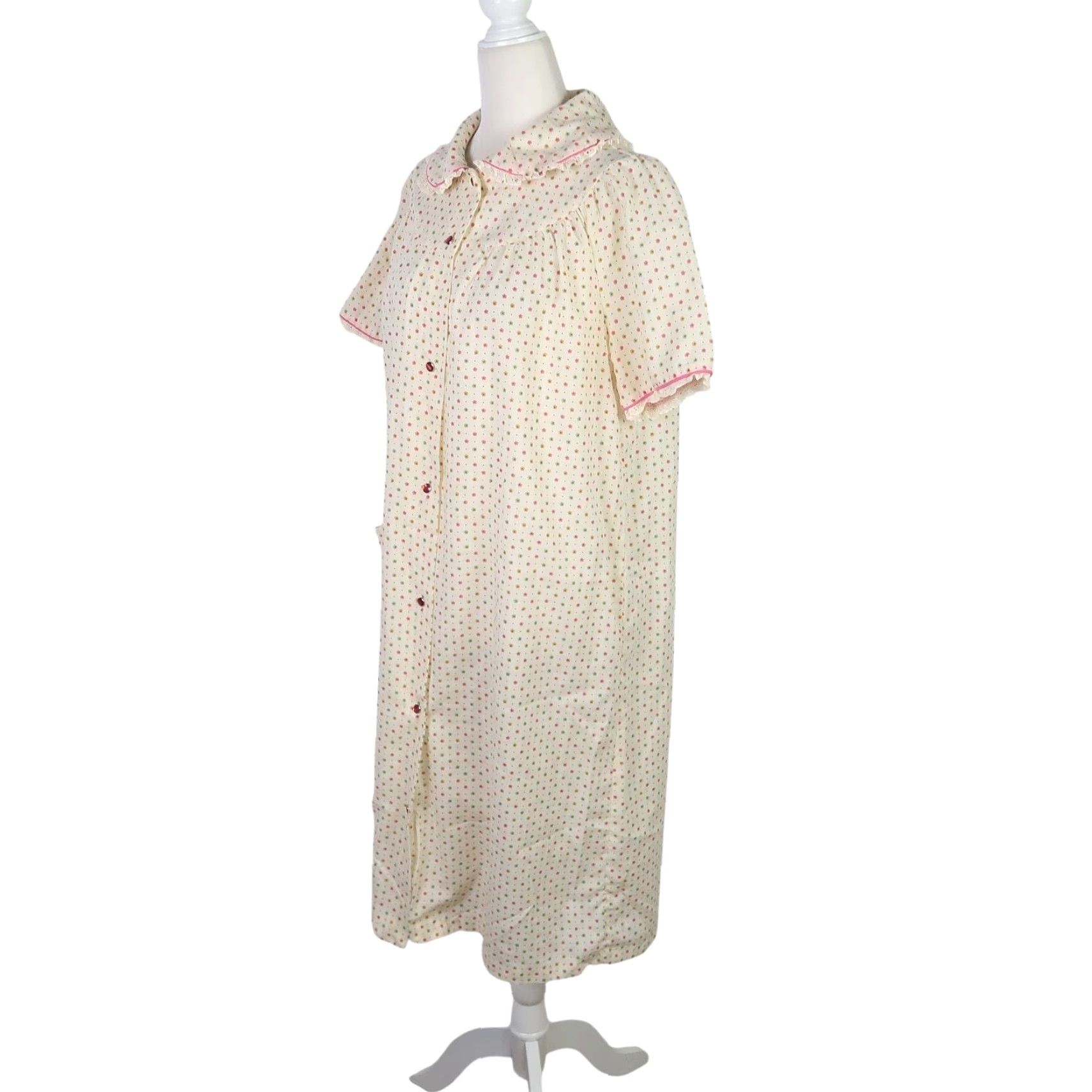 Vintage VINTAGE 70s cream and pink ditsy floral house dress nighty M Dress Women Cotton Polyester Short Sleeve Bohemian Vintage Size M / US 6-8 / IT 42-44 - 4 Thumbnail