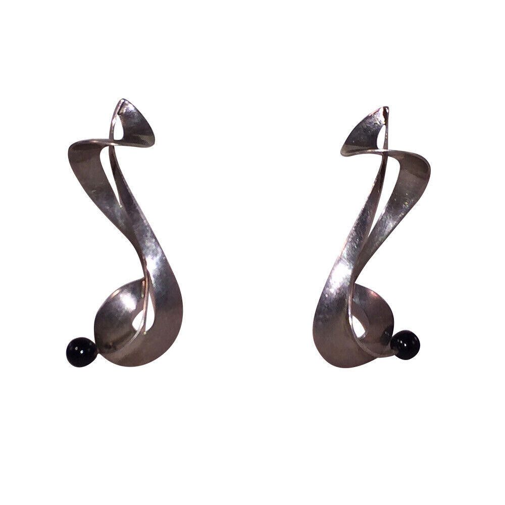 Signed Figural Sterling Silver Black Onyx Bead Earrings