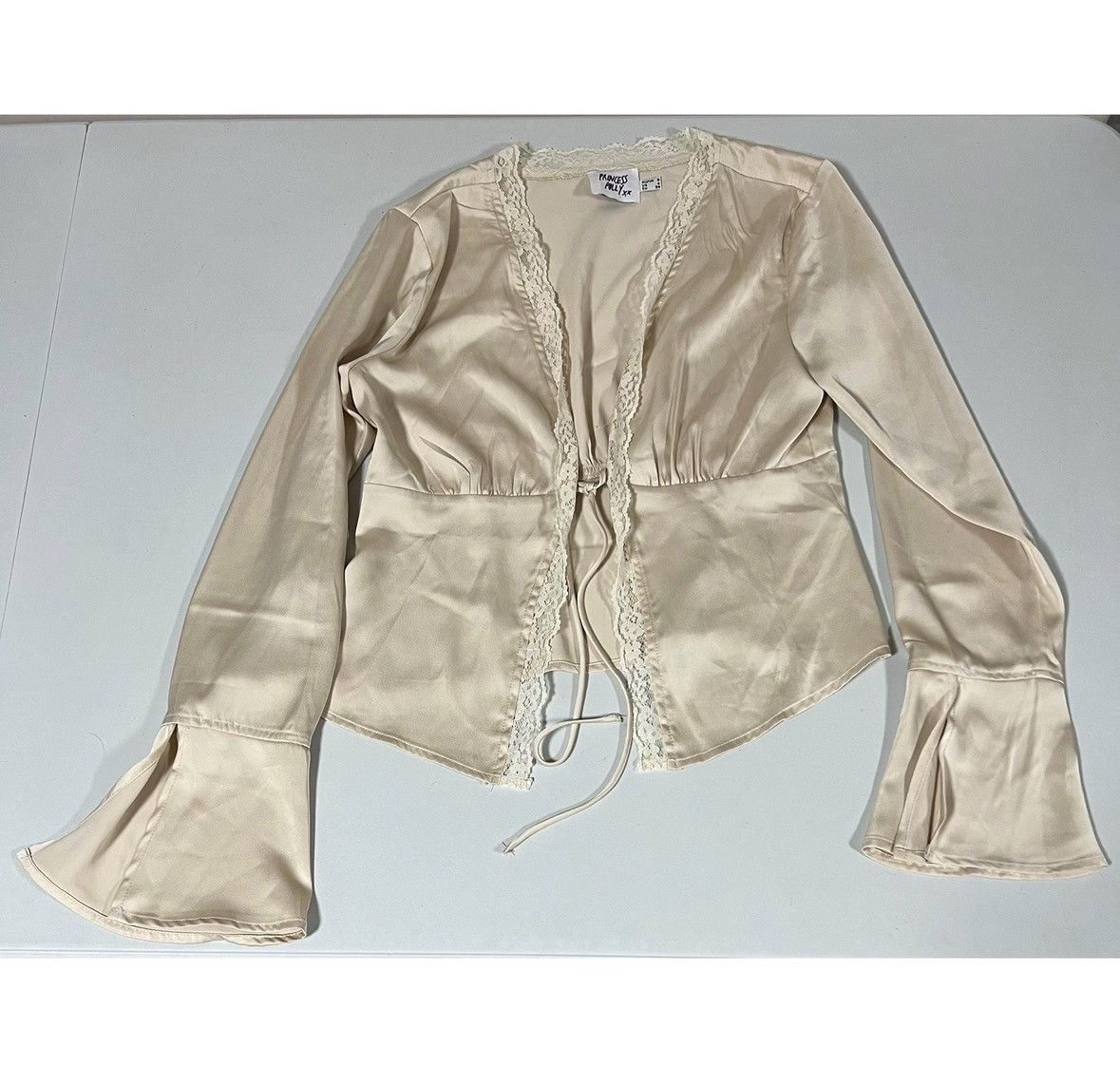 PRINCESS POLLY Silk Satin Lace Tie-Front Cardigan Shirt Top Blouse Size 4 ✨ Size S / US 4 / IT 40 - 1 Thumbnail