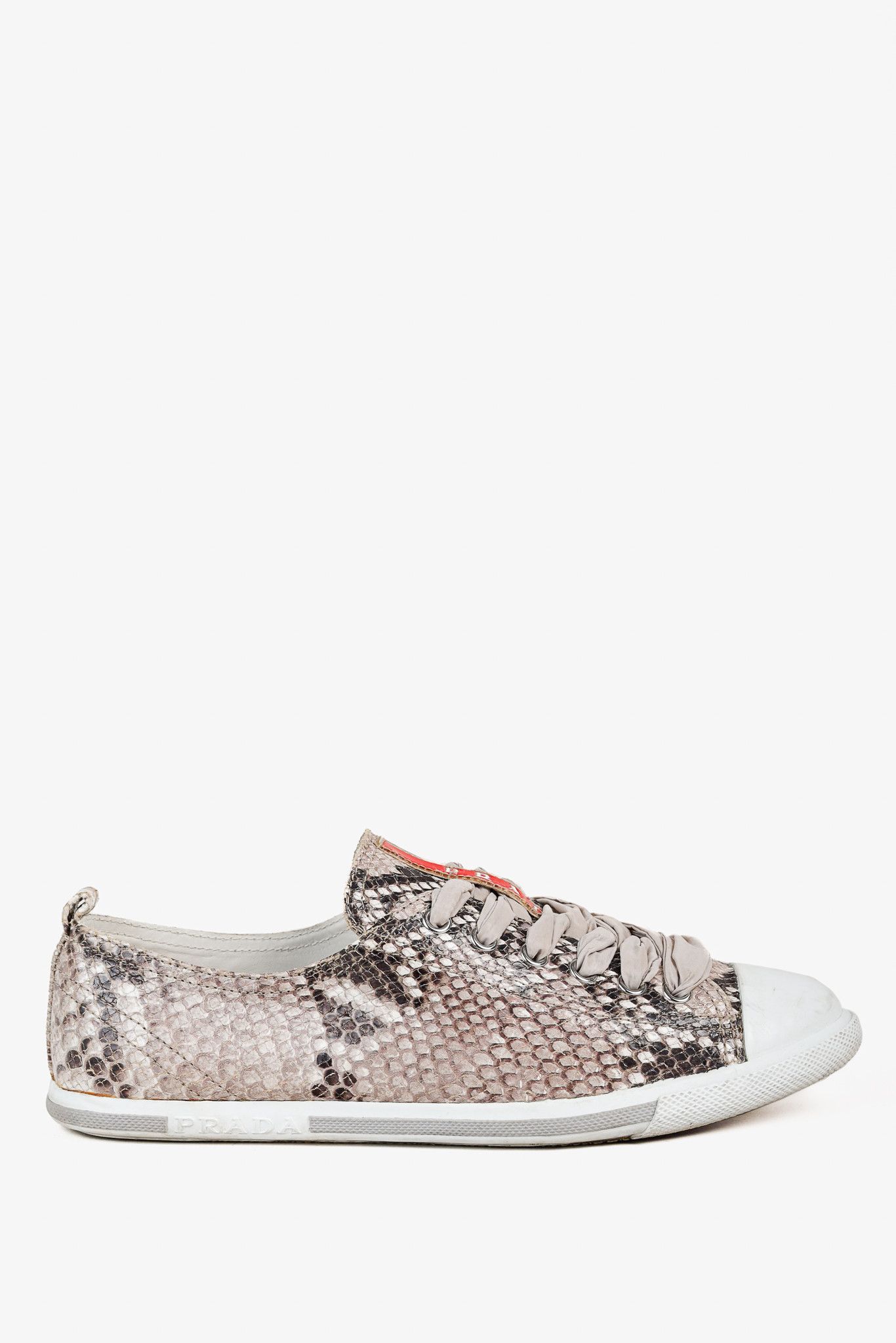 Prada Prada Red Label Taupe Snake Print Satin Ribbon Tied Sneakers Size US 7.5 / IT 37.5 - 1 Thumbnail