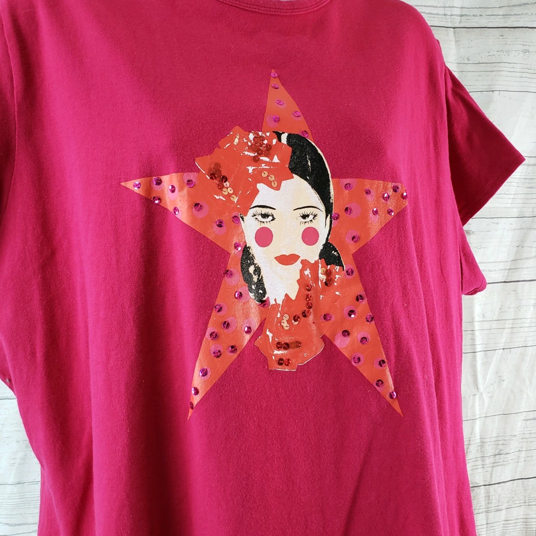 Vintage Anna Scholz Womens Top Size 24 Pink Sequin Short Sleeve Cotton Blend T-Shirt Size 4XL / US 24-26 - 2 Thumbnail