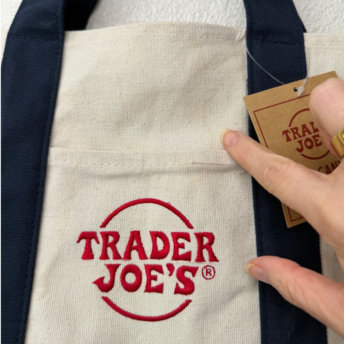 Other NWT Trader Joe’s Mini Canvas Tote Bag Navy Cream Red Logo Size ONE SIZE - 8 Thumbnail