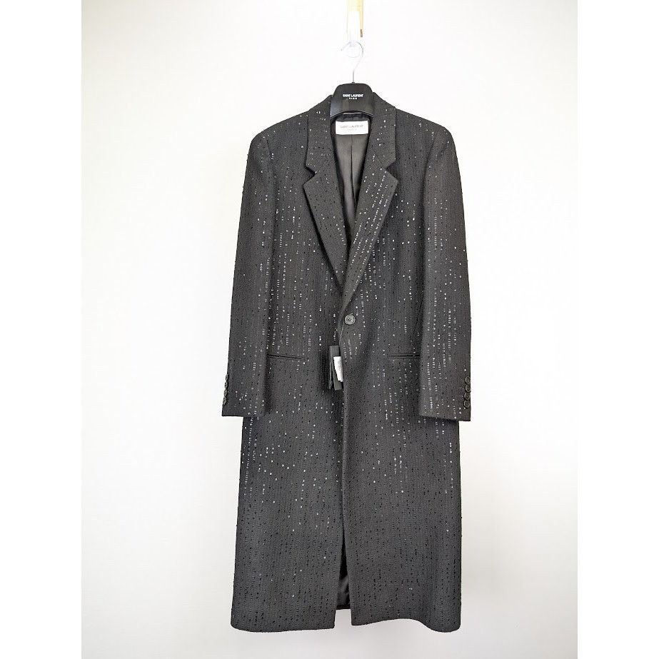 o1rshd1 Tweed Rayure Long Coat in Noir Brilliant