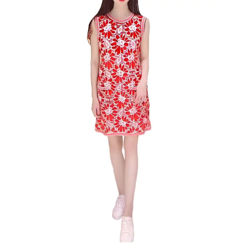 Chanel Red Floral Embroidered Dress Size S 0089