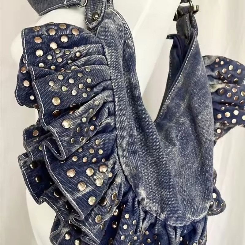 Japanese Brand Rivet Decor Ruched Shoulder Denim Bag Size ONE SIZE - 4 Thumbnail