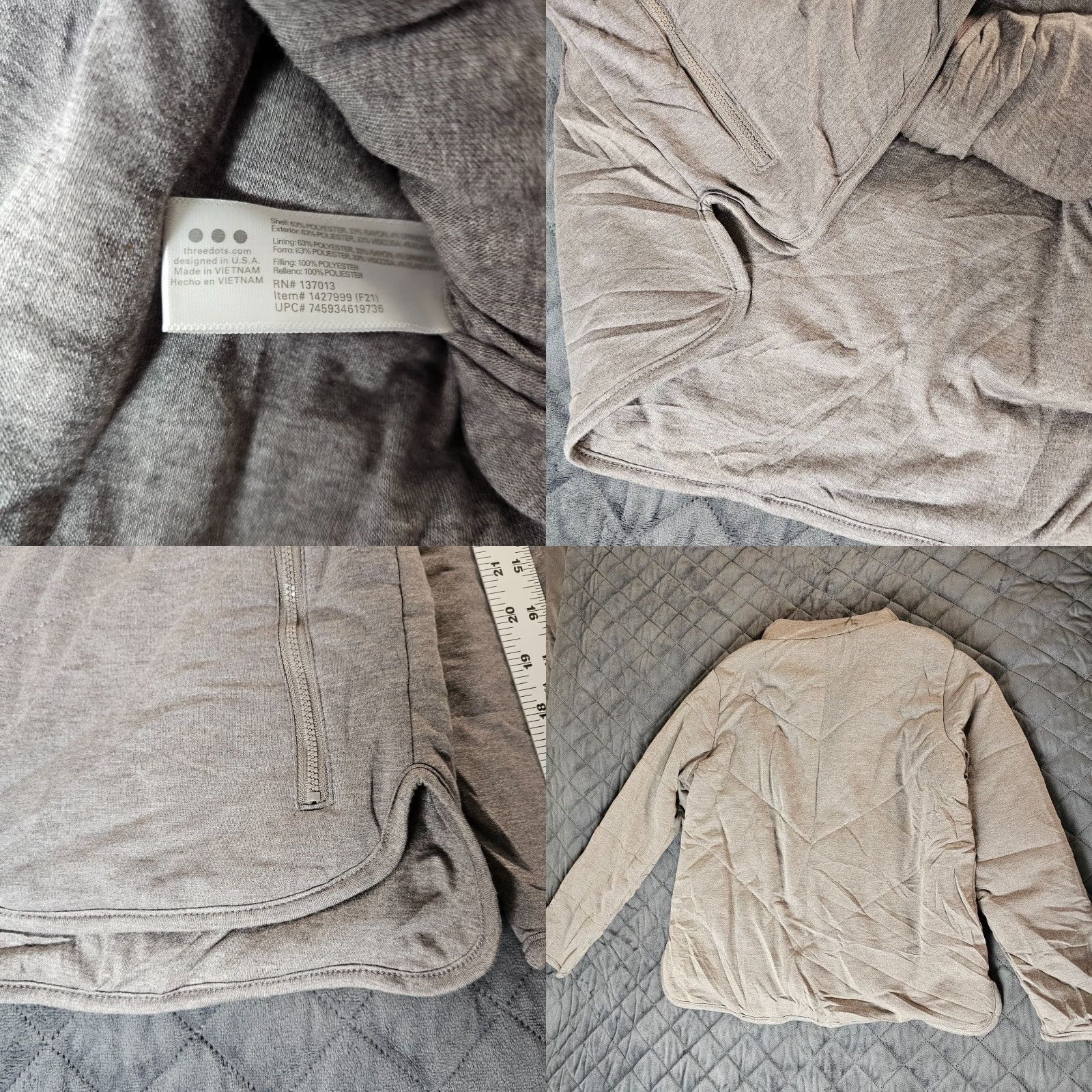 Vintage Three Dots Jacket Womens M Heather Gray Quilted Full Zip Pockets Size M / US 6-8 / IT 42-44 - 8 Thumbnail