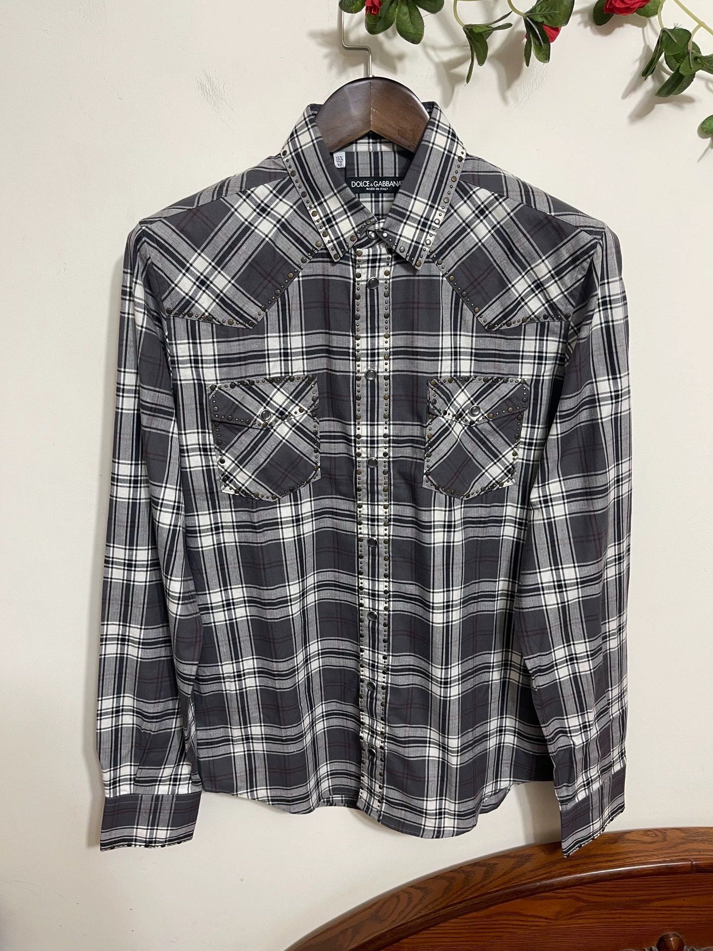 Dolce & Gabbana DG Slim Fit Check Herringbone Brushed Beaded Shirt Size US M / EU 48-50 / 2 - 1 Thumbnail