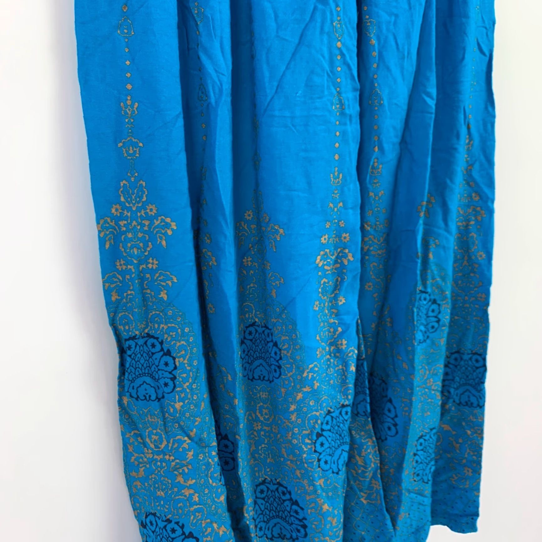 Vintage Vintage Harem Pants Wide-Leg Pants Women's M Blue Rayon Elastic Waist 11in 25.5in Inseam Hippie Casual Travel Gaucho Summer Spring Fall Floral Pants Size 32" / US 10 / IT 46 - 3 Thumbnail
